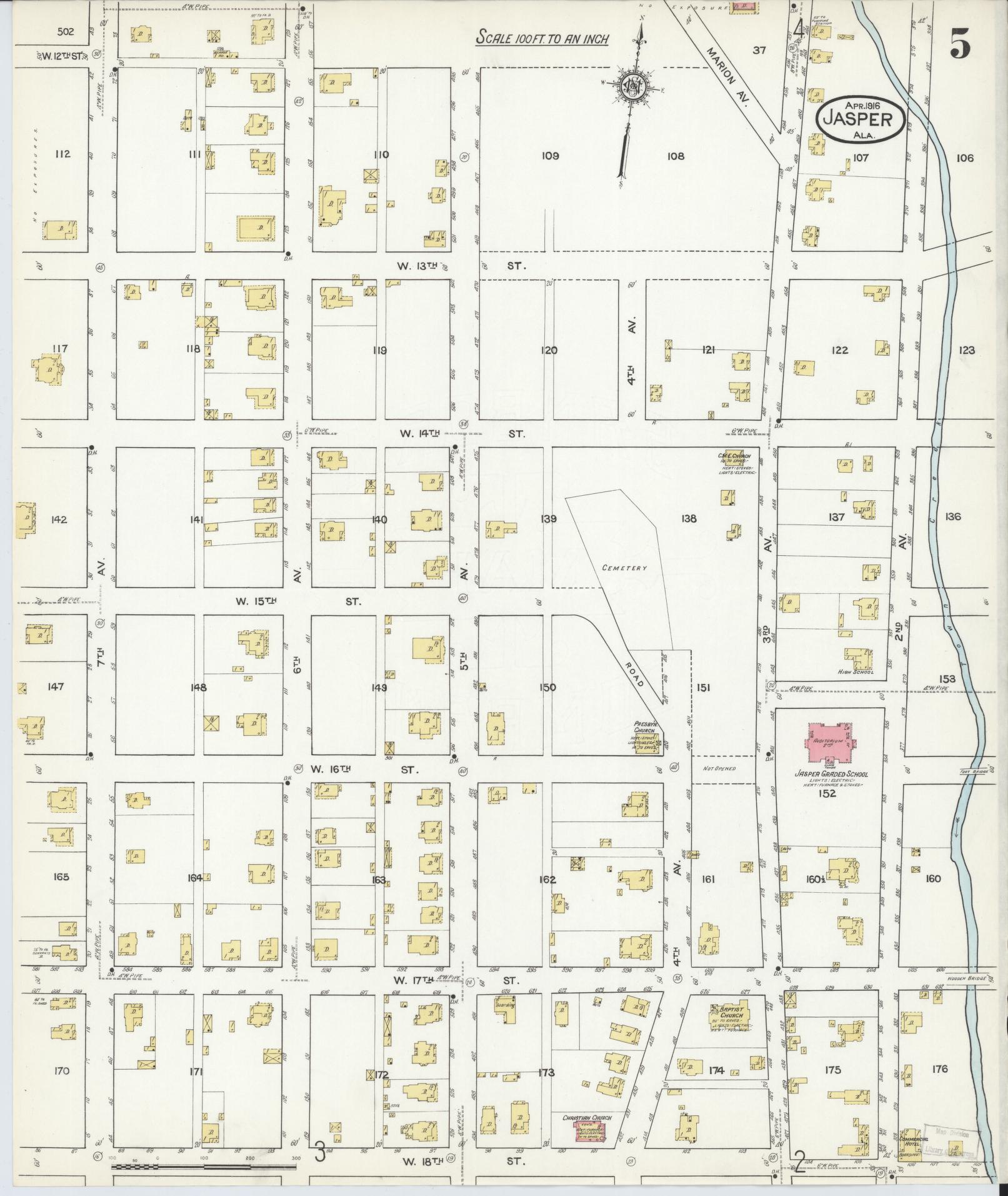 Sanborn Fire Insurance Map from Jasper, Walker County, Alabama (1916), Sheet #0005 - Historic Sanborn Fire Insurance Map Print, vintage old map wall art, antique decor, genealogy gift, Alabama Alabama map