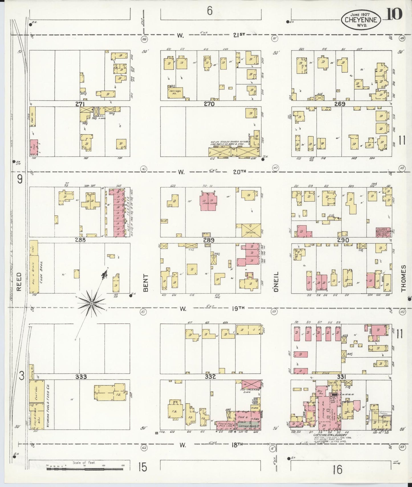 Sanborn Fire Insurance Map from Cheyenne, Laramie County, Wyoming (1907), Sheet #0010 - Complete Map Set gallery image, historic Sanborn map, vintage wall art, Wyoming Wyoming