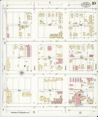 Sanborn Fire Insurance Map from Cheyenne, Laramie County, Wyoming (1907), Sheet #0010 - Complete Map Set gallery image, historic Sanborn map, vintage wall art, Wyoming Wyoming