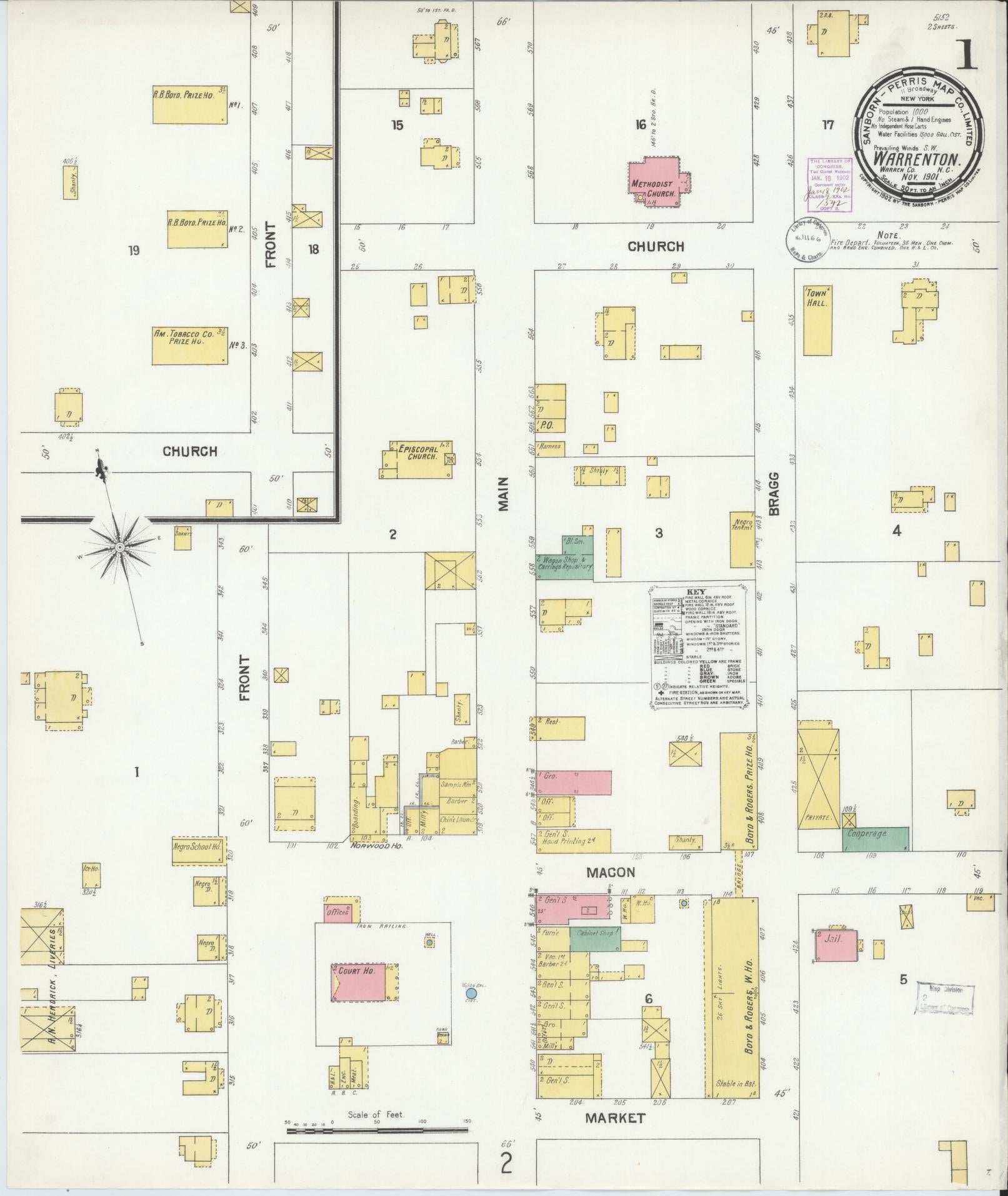 Sanborn Fire Insurance Map from Warrenton, Warren County, North Carolina (1901), Sheet #0001 - Historic Sanborn Fire Insurance Map Print, vintage old map wall art, antique decor, genealogy gift, North Carolina North Carolina map
