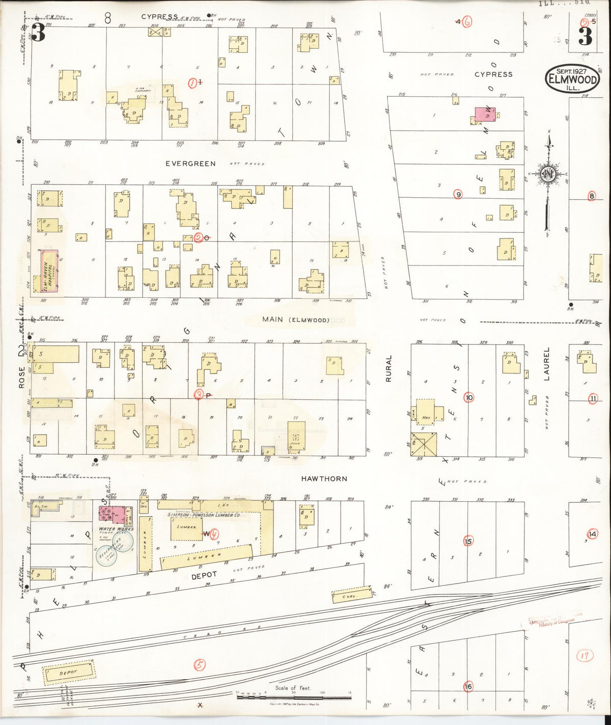 Sanborn Fire Insurance Map from Elmwood, Peoria County, Illinois (1944), Sheet #0003 - Historic Sanborn Fire Insurance Map Print, vintage old map wall art, antique decor, genealogy gift, Illinois Illinois map