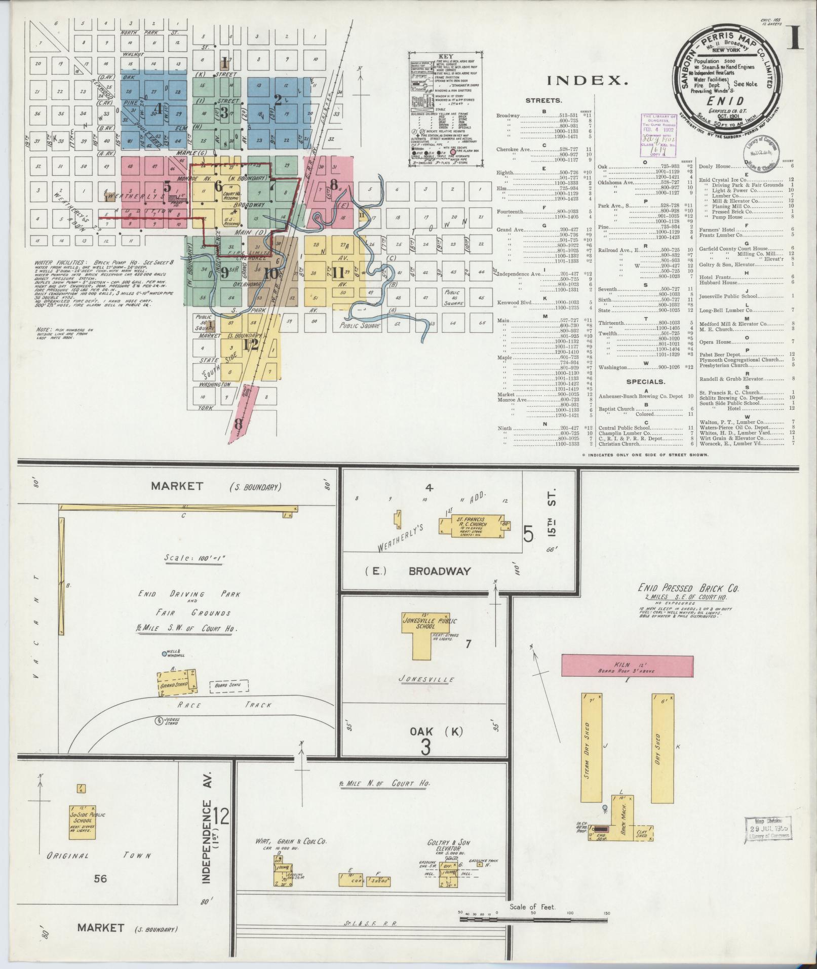 Sanborn Fire Insurance Map from Enid, Garfield County, Oklahoma (1901), Sheet #0001 - Complete Map Set gallery image, historic Sanborn map, vintage wall art, Oklahoma Oklahoma
