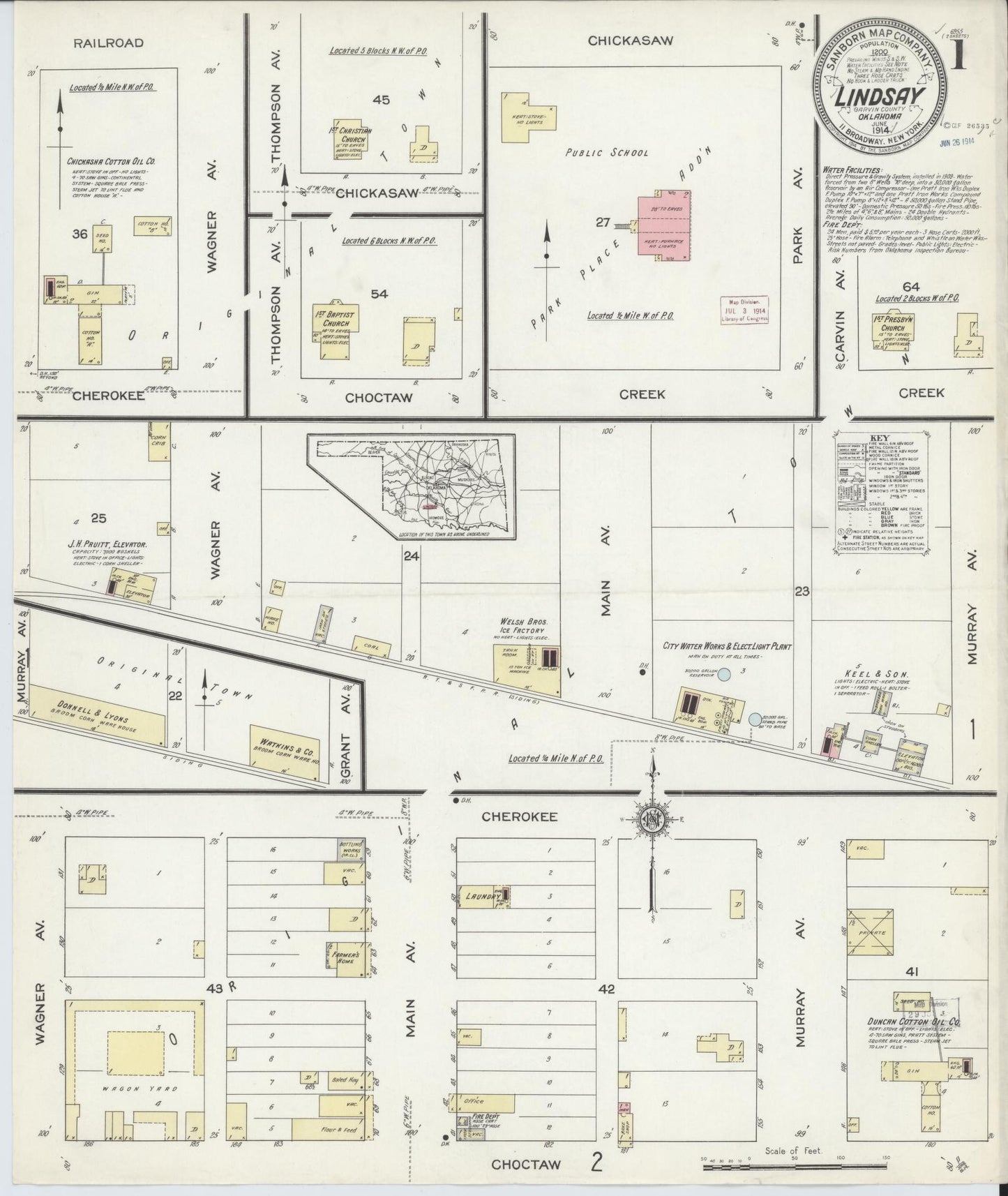 Sanborn Fire Insurance Map from Lindsay, Garvin County, Oklahoma (1914), Sheet #0001 - Historic Sanborn Fire Insurance Map Print, vintage old map wall art, antique decor, genealogy gift, Oklahoma Oklahoma map