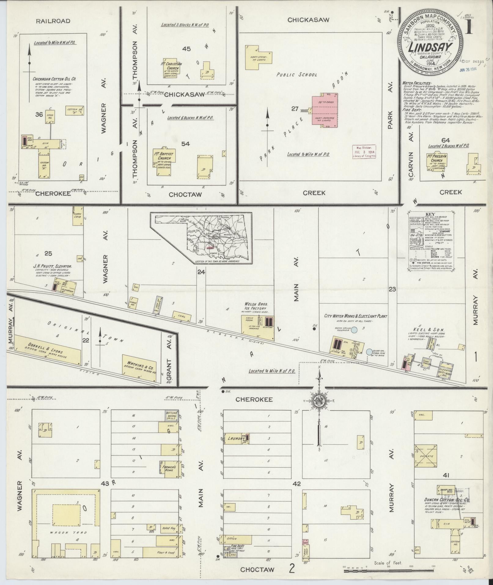 Sanborn Fire Insurance Map from Lindsay, Garvin County, Oklahoma (1914), Sheet #0001 - Historic Sanborn Fire Insurance Map Print, vintage old map wall art, antique decor, genealogy gift, Oklahoma Oklahoma map