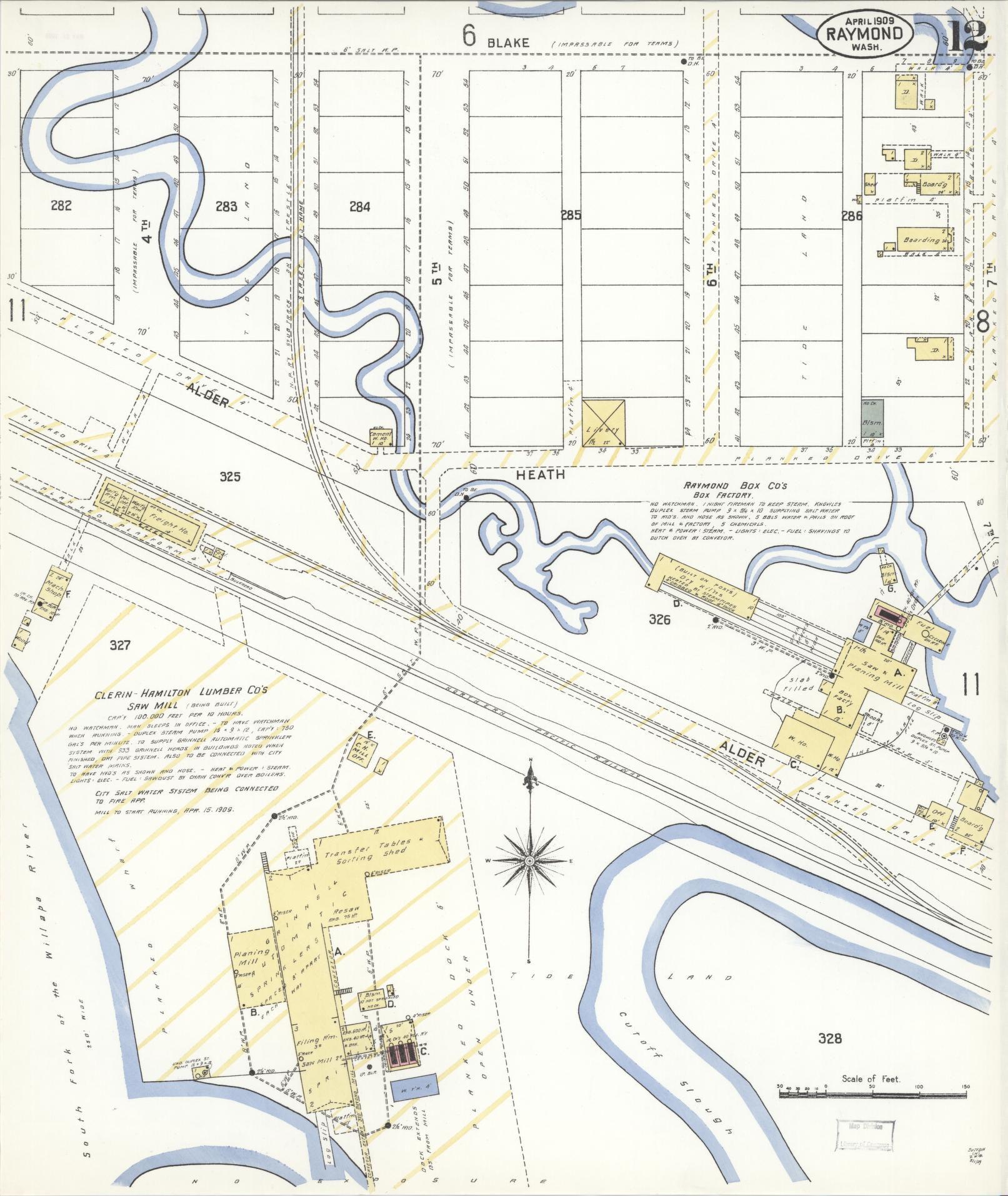 Sanborn Fire Insurance Map from Raymond, Pacific County, Washington (1909), Sheet #0012 - Historic Sanborn Fire Insurance Map Print, vintage old map wall art, antique decor, genealogy gift, Washington Washington map