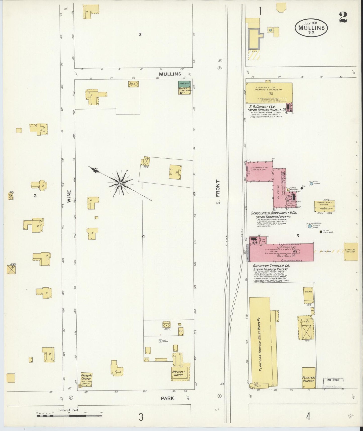 Sanborn Fire Insurance Map from Mullins, Marion County, South Carolina (1908), Sheet #0002 - Historic Sanborn Fire Insurance Map Print, vintage old map wall art, antique decor, genealogy gift, South Carolina South Carolina map