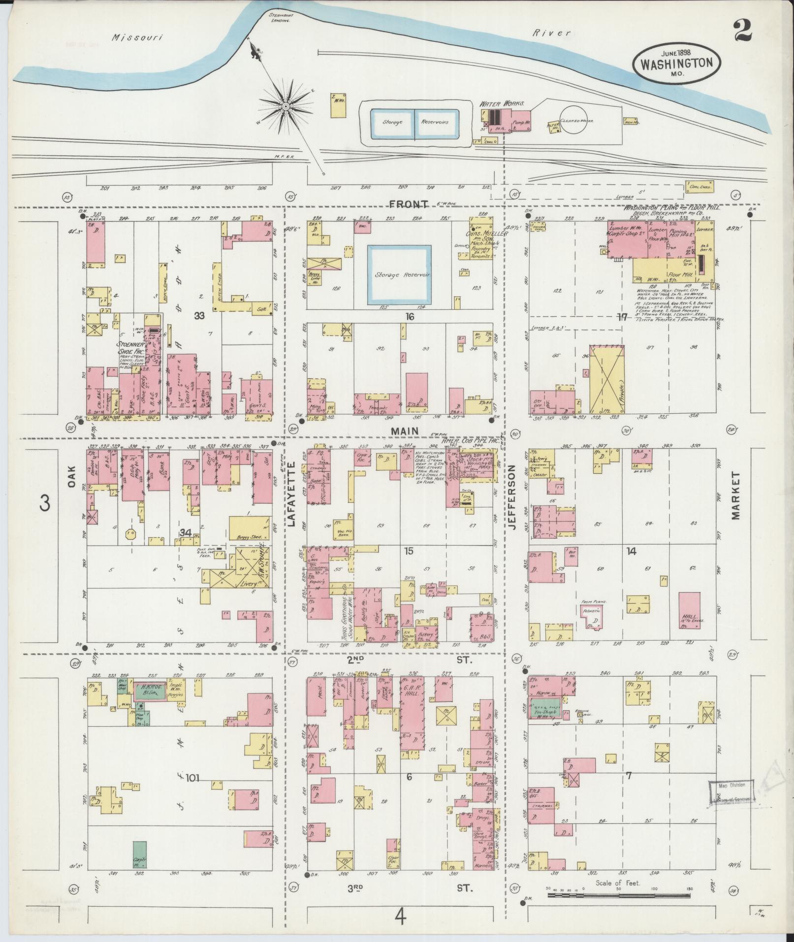Sanborn Fire Insurance Map from Washington, Franklin County, Missouri (1898), Sheet #0002 - Historic Sanborn Fire Insurance Map Print, vintage old map wall art, antique decor, genealogy gift, Washington Washington map