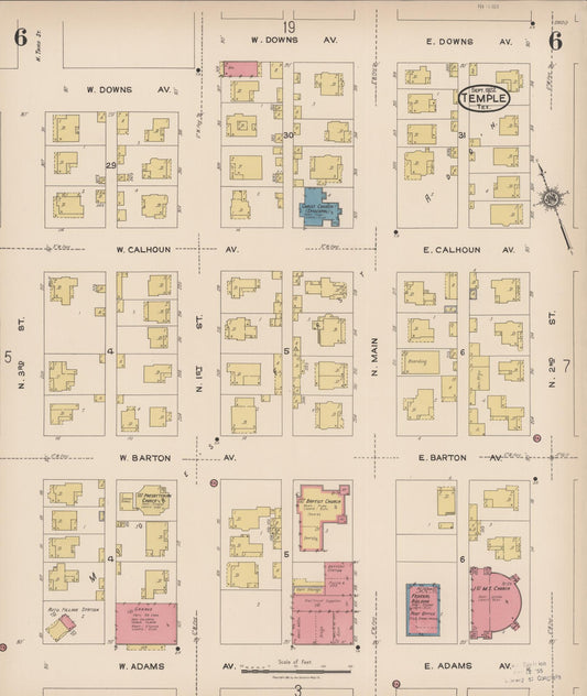 Sanborn Fire Insurance Map from Temple, Bell County, Texas (1922), Sheet #0006 - Historic Sanborn Fire Insurance Map Print, vintage old map wall art, antique decor, genealogy gift, Texas Texas map