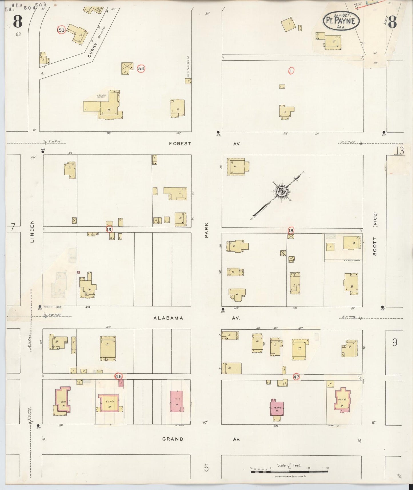 Sanborn Fire Insurance Map from Fort Payne, Dekalb County, Alabama (1935), Sheet #0008 - Historic Sanborn Fire Insurance Map Print, vintage old map wall art, antique decor, genealogy gift, Alabama Alabama map