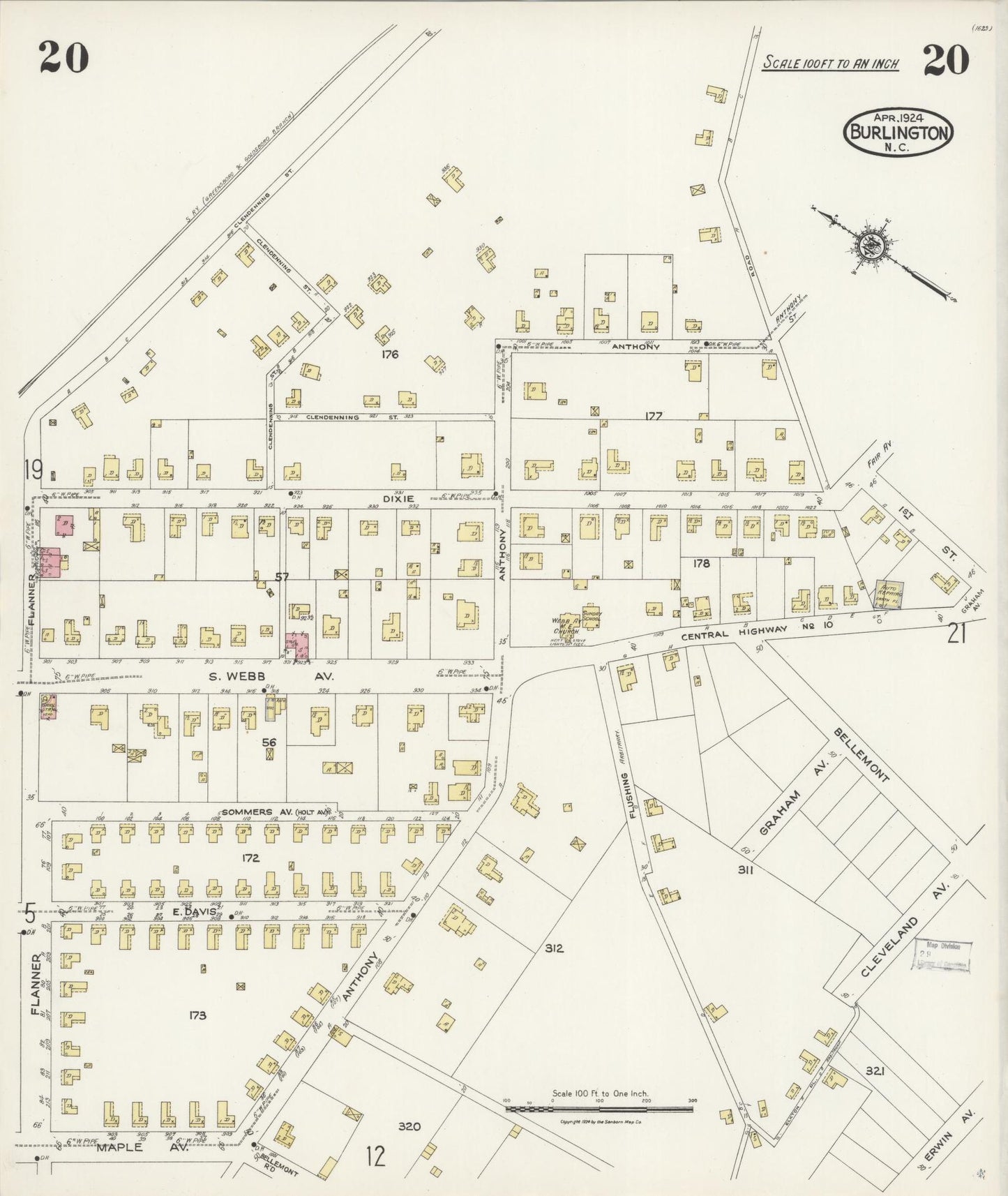 Sanborn Fire Insurance Map from Burlington, Alamance County, North Carolina (1924), Sheet #0020 - Historic Sanborn Fire Insurance Map Print, vintage old map wall art, antique decor, genealogy gift, North Carolina North Carolina map