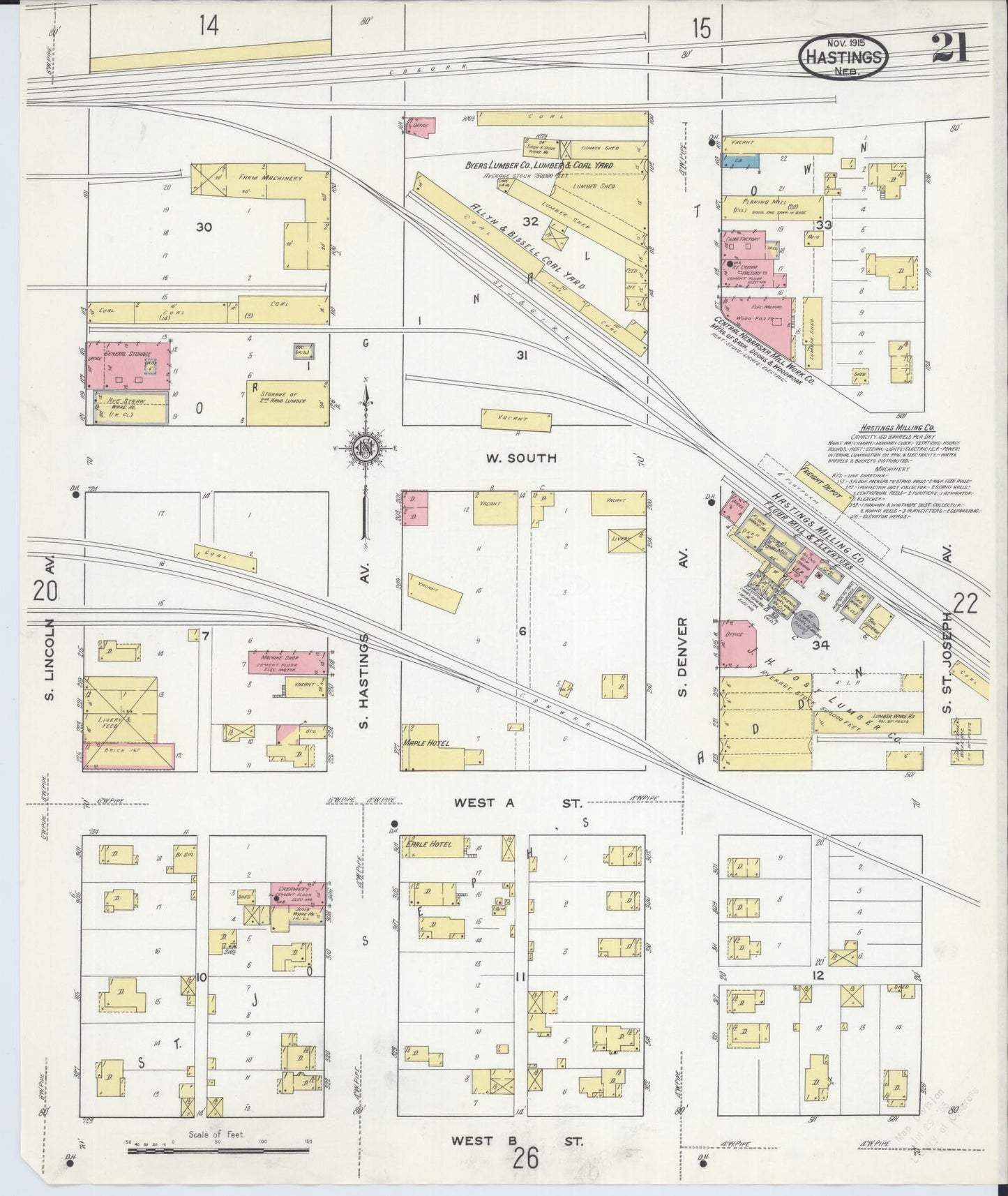 Sanborn Fire Insurance Map from Hastings, Adams County, Nebraska (1915), Sheet #0021 - Historic Sanborn Fire Insurance Map Print, vintage old map wall art, antique decor, genealogy gift, Nebraska Nebraska map