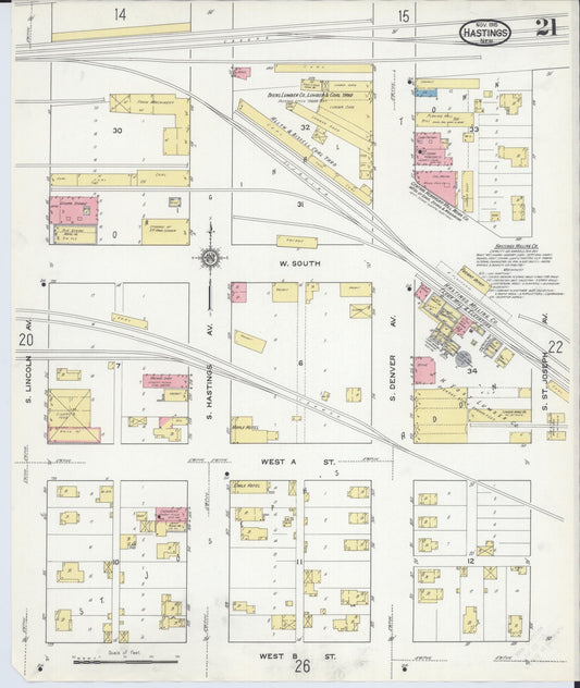 Sanborn Fire Insurance Map from Hastings, Adams County, Nebraska (1915), Sheet #0021 - Historic Sanborn Fire Insurance Map Print, vintage old map wall art, antique decor, genealogy gift, Nebraska Nebraska map