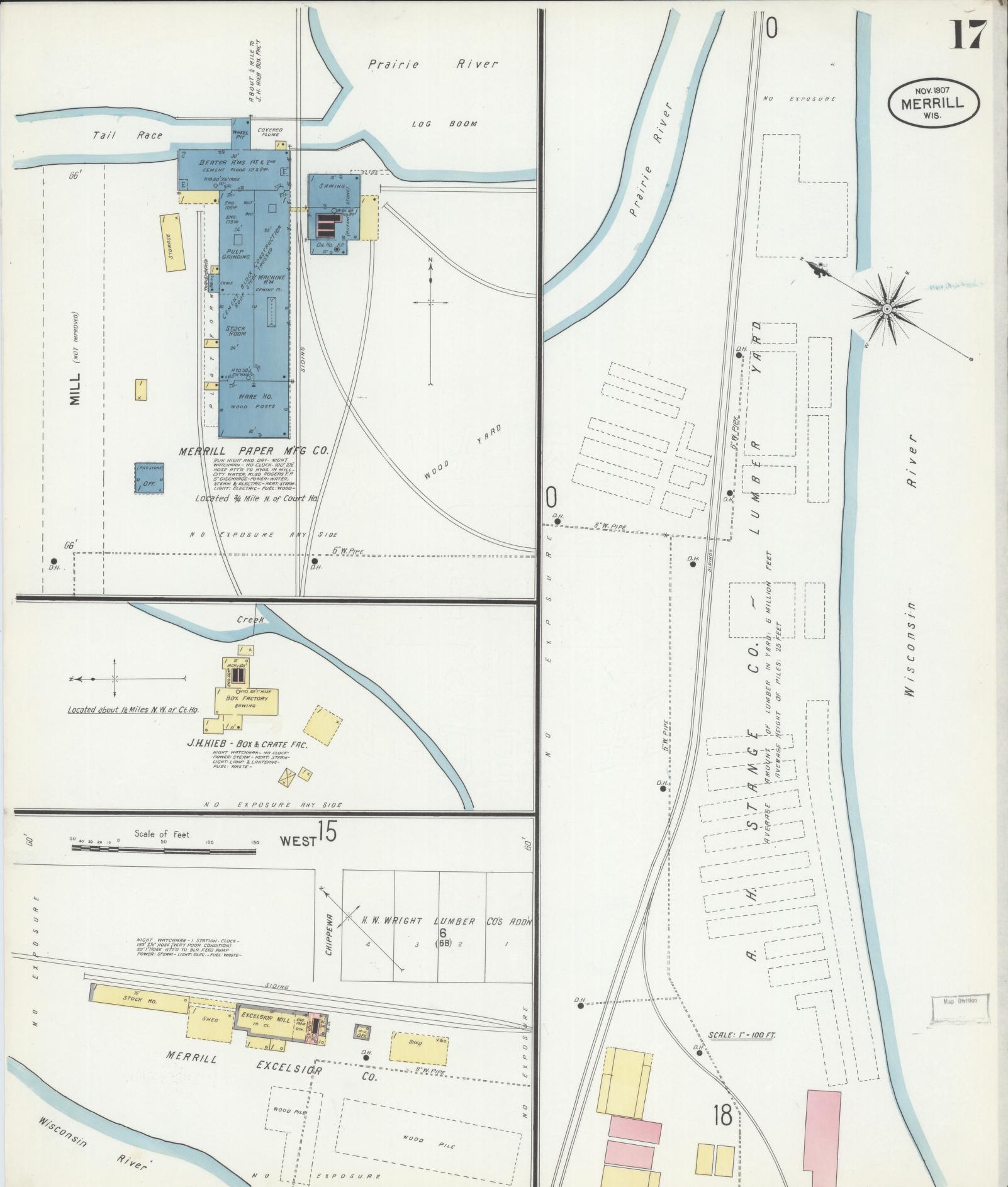 Sanborn Fire Insurance Map from Merrill, Lincoln County, Wisconsin (1907), Sheet #0017 - Historic Sanborn Fire Insurance Map Print, vintage old map wall art, antique decor, genealogy gift, Wisconsin Wisconsin map