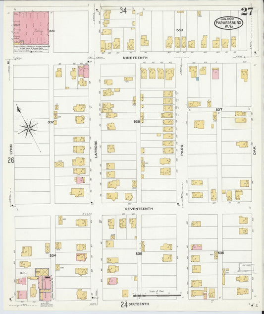Sanborn Fire Insurance Map from Parkersburg, Wood County, West Virginia (1909), Sheet #0027 - Historic Sanborn Fire Insurance Map Print, vintage old map wall art, antique decor, genealogy gift, West Virginia West Virginia map