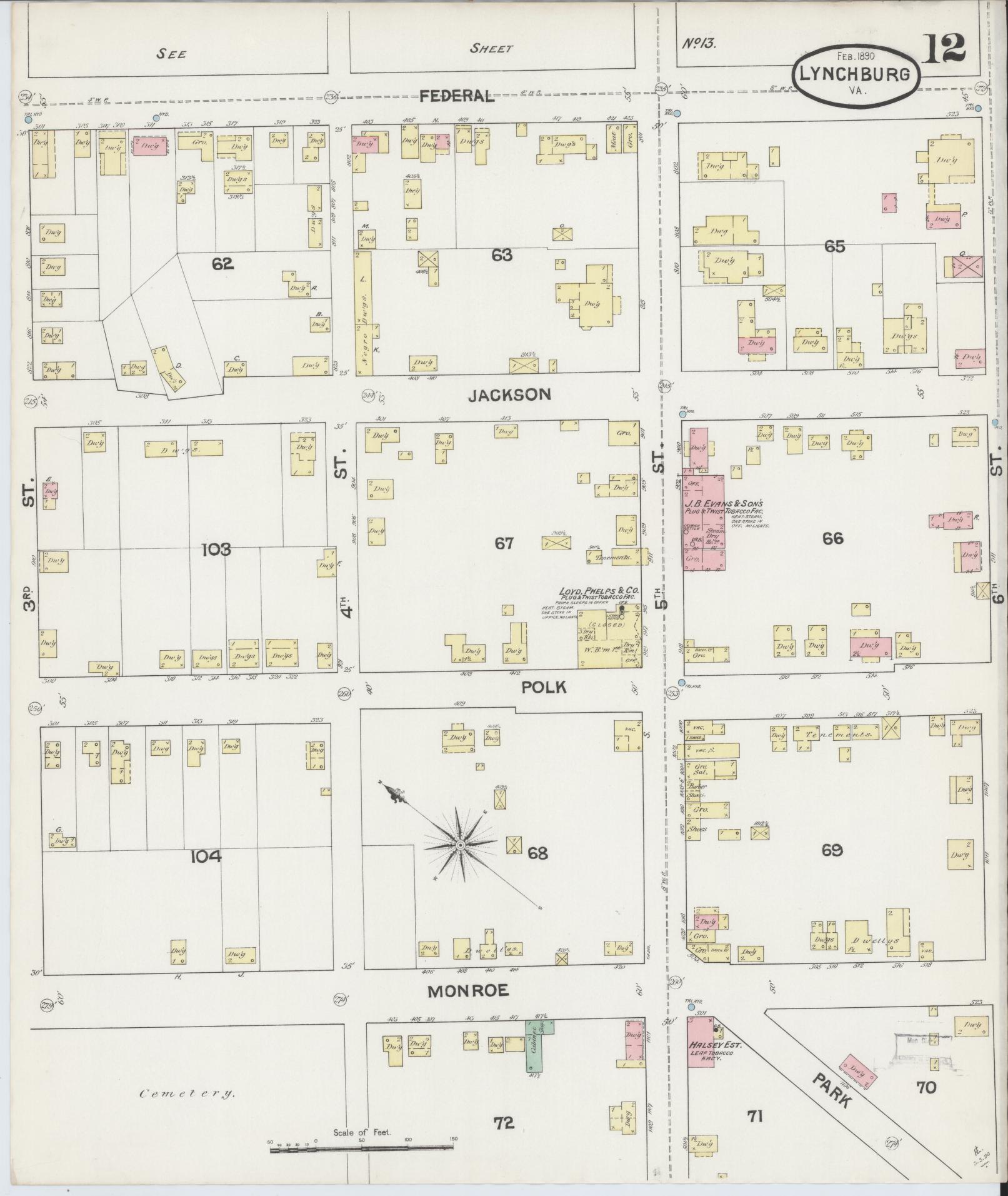Sanborn Fire Insurance Map from Lynchburg, Independent Cities, Virginia (1890), Sheet #0012 - Historic Sanborn Fire Insurance Map Print, vintage old map wall art, antique decor, genealogy gift, Virginia Virginia map