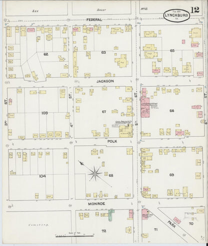 Sanborn Fire Insurance Map from Lynchburg, Independent Cities, Virginia (1890), Sheet #0012 - Historic Sanborn Fire Insurance Map Print, vintage old map wall art, antique decor, genealogy gift, Virginia Virginia map