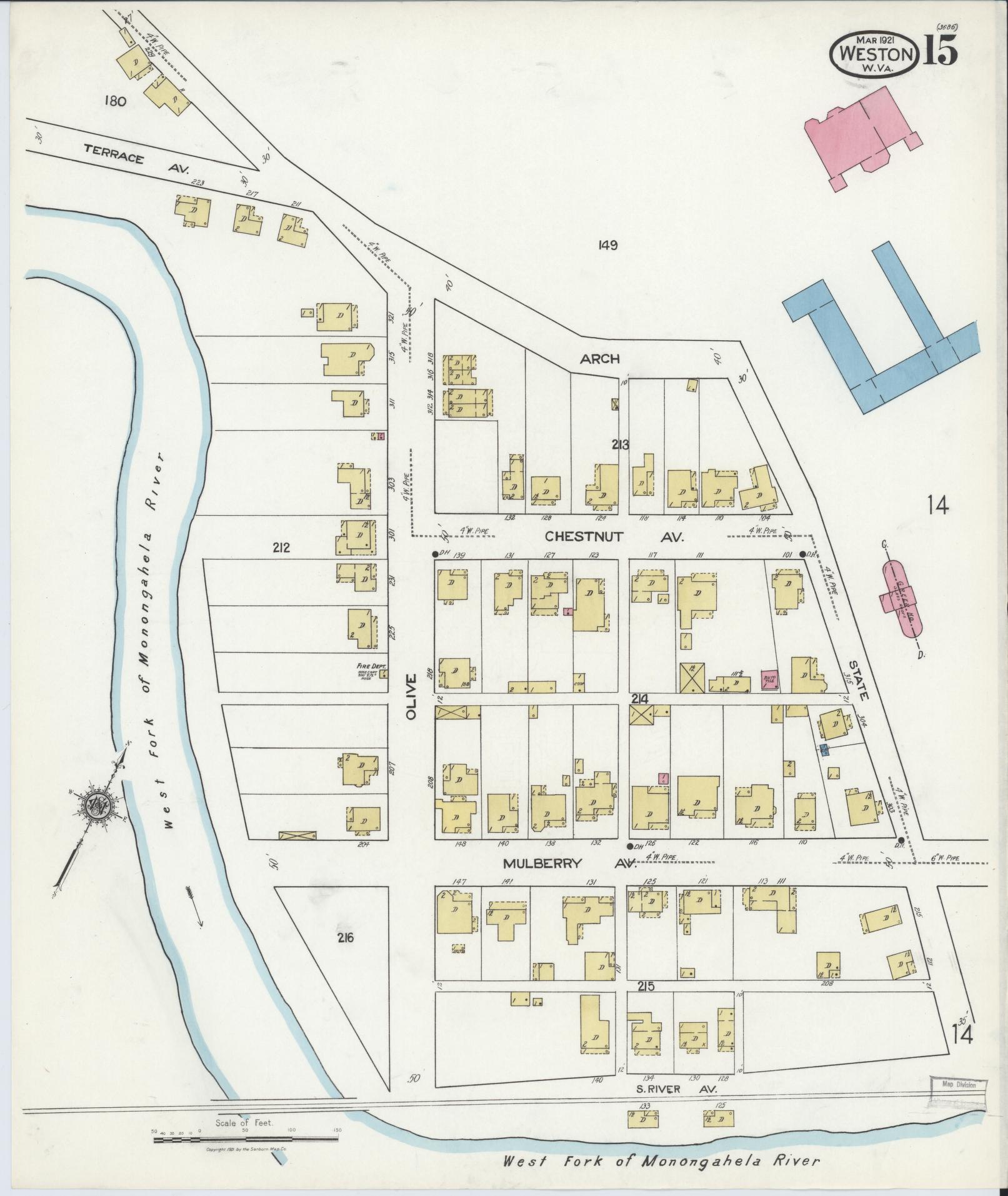 Sanborn Fire Insurance Map from Weston, Lewis County, West Virginia (1921), Sheet #0015 - Complete Map Set gallery image, historic Sanborn map, vintage wall art, West Virginia West Virginia