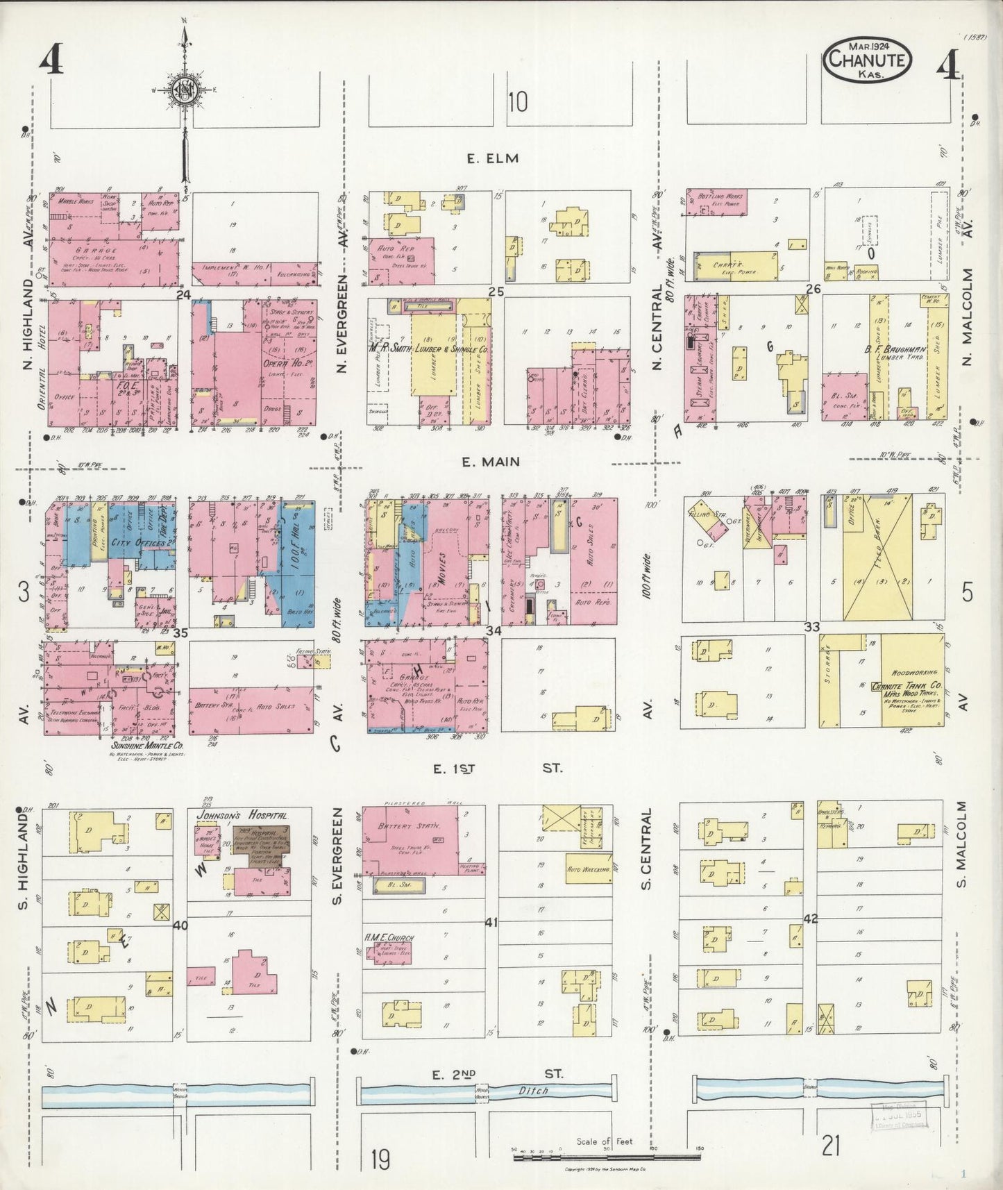 Sanborn Fire Insurance Map from Chanute, Neosho County, Kansas (1924), Sheet #0004 - Historic Sanborn Fire Insurance Map Print, vintage old map wall art, antique decor, genealogy gift, Kansas Kansas map