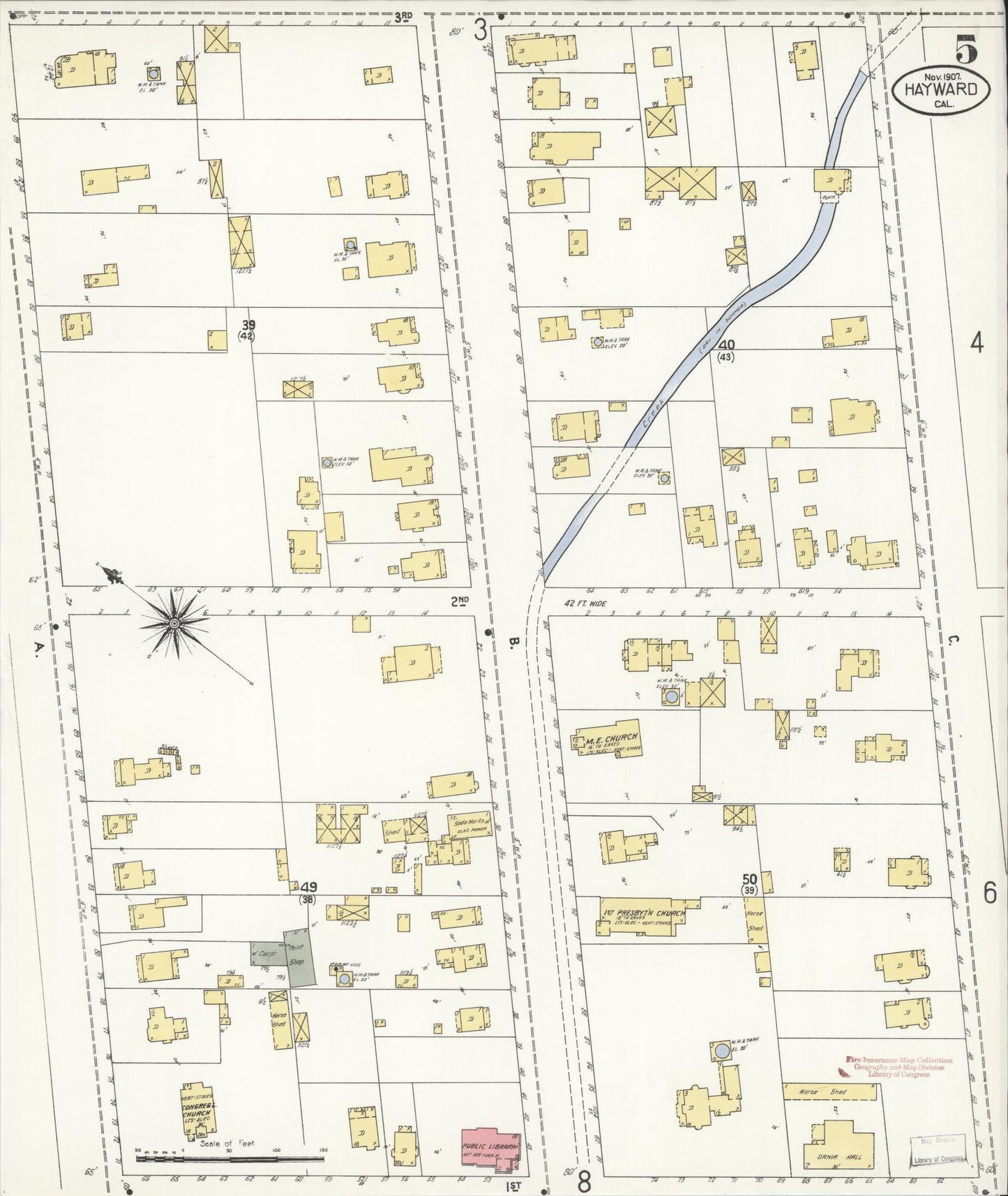 Sanborn Fire Insurance Map from Hayward, Alameda County, California (1907), Sheet #0005 - Historic Sanborn Fire Insurance Map Print, vintage old map wall art, antique decor, genealogy gift, California California map