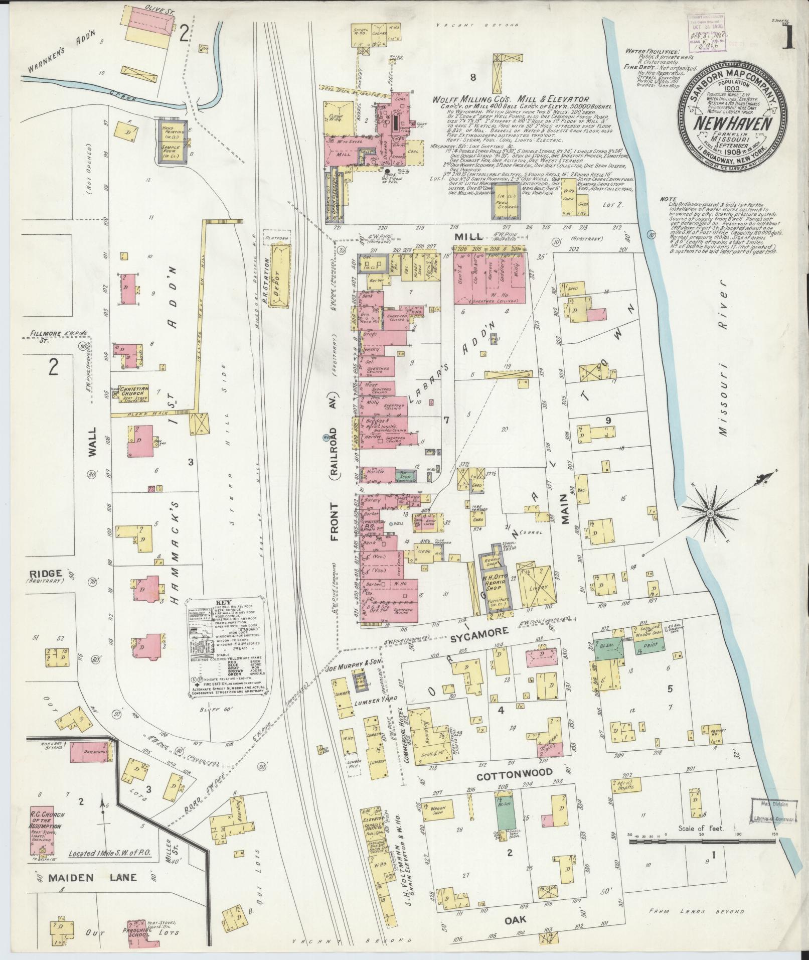 Sanborn Fire Insurance Map from New Haven, Franklin County, Missouri (1908), Sheet #0001 - Historic Sanborn Fire Insurance Map Print, vintage old map wall art, antique decor, genealogy gift, Missouri Missouri map