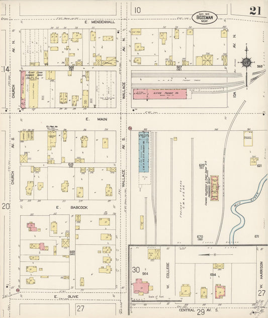 Sanborn Fire Insurance Map from Bozeman, Gallatin County, Montana (1912), Sheet #0021 - Historic Sanborn Fire Insurance Map Print, vintage old map wall art, antique decor, genealogy gift, Montana Montana map