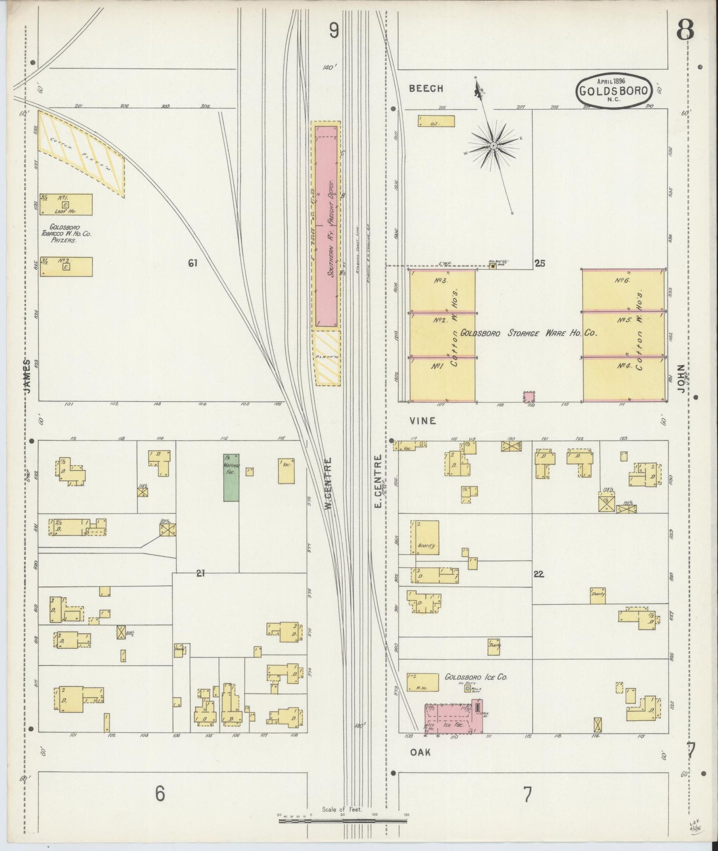 Sanborn Fire Insurance Map from Goldsboro, Wayne County, North Carolina (1896), Sheet #0008 - Historic Sanborn Fire Insurance Map Print, vintage old map wall art, antique decor, genealogy gift, North Carolina North Carolina map