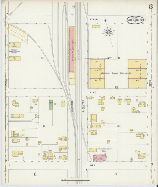 Sanborn Fire Insurance Map from Goldsboro, Wayne County, North Carolina (1896), Sheet #0008 - Historic Sanborn Fire Insurance Map Print, vintage old map wall art, antique decor, genealogy gift, North Carolina North Carolina map