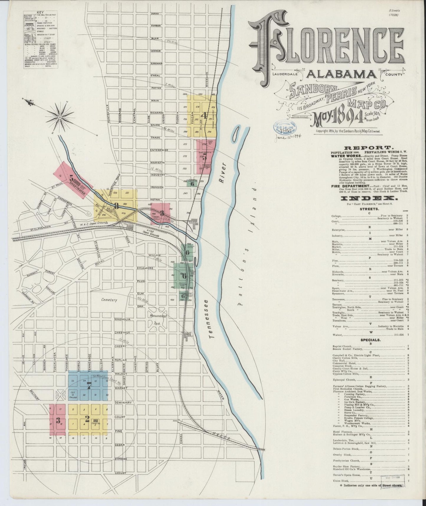 Sanborn Fire Insurance Map from Florence, Lauderdale County, Alabama (1894), Sheet #0001 - Historic Sanborn Fire Insurance Map Print, vintage old map wall art, antique decor, genealogy gift, Alabama Alabama map