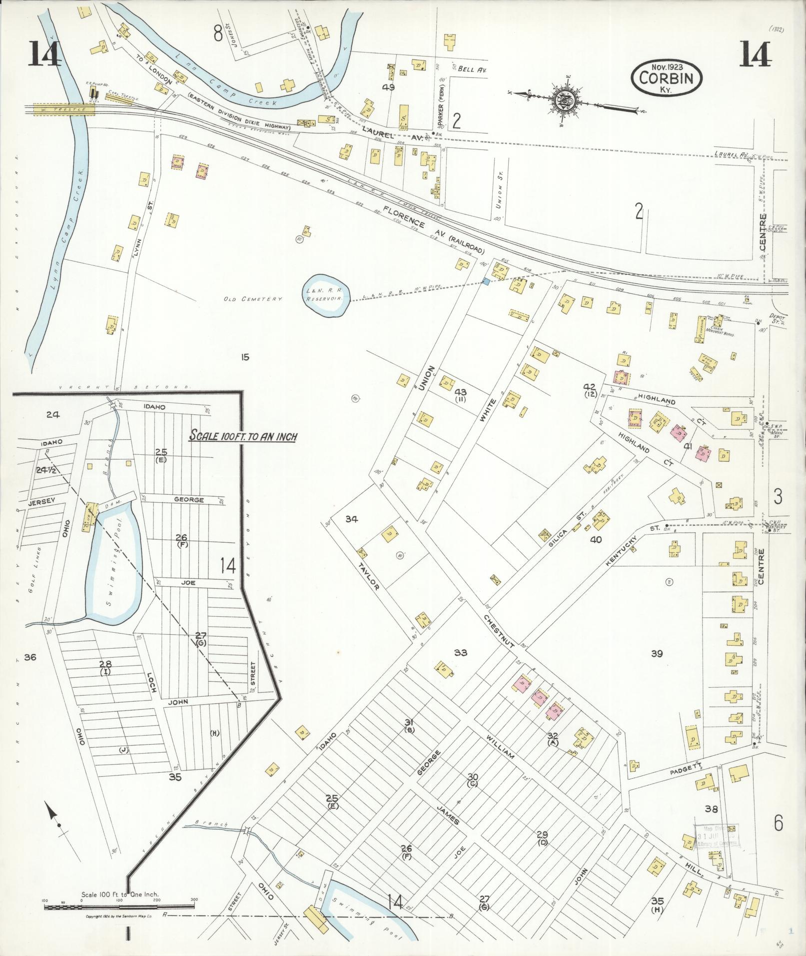 Sanborn Fire Insurance Map from Corbin, Knox and Whitley Counties, Kentucky (1923), Sheet #0014 - Complete Map Set gallery image, historic Sanborn map, vintage wall art, Kentucky Kentucky