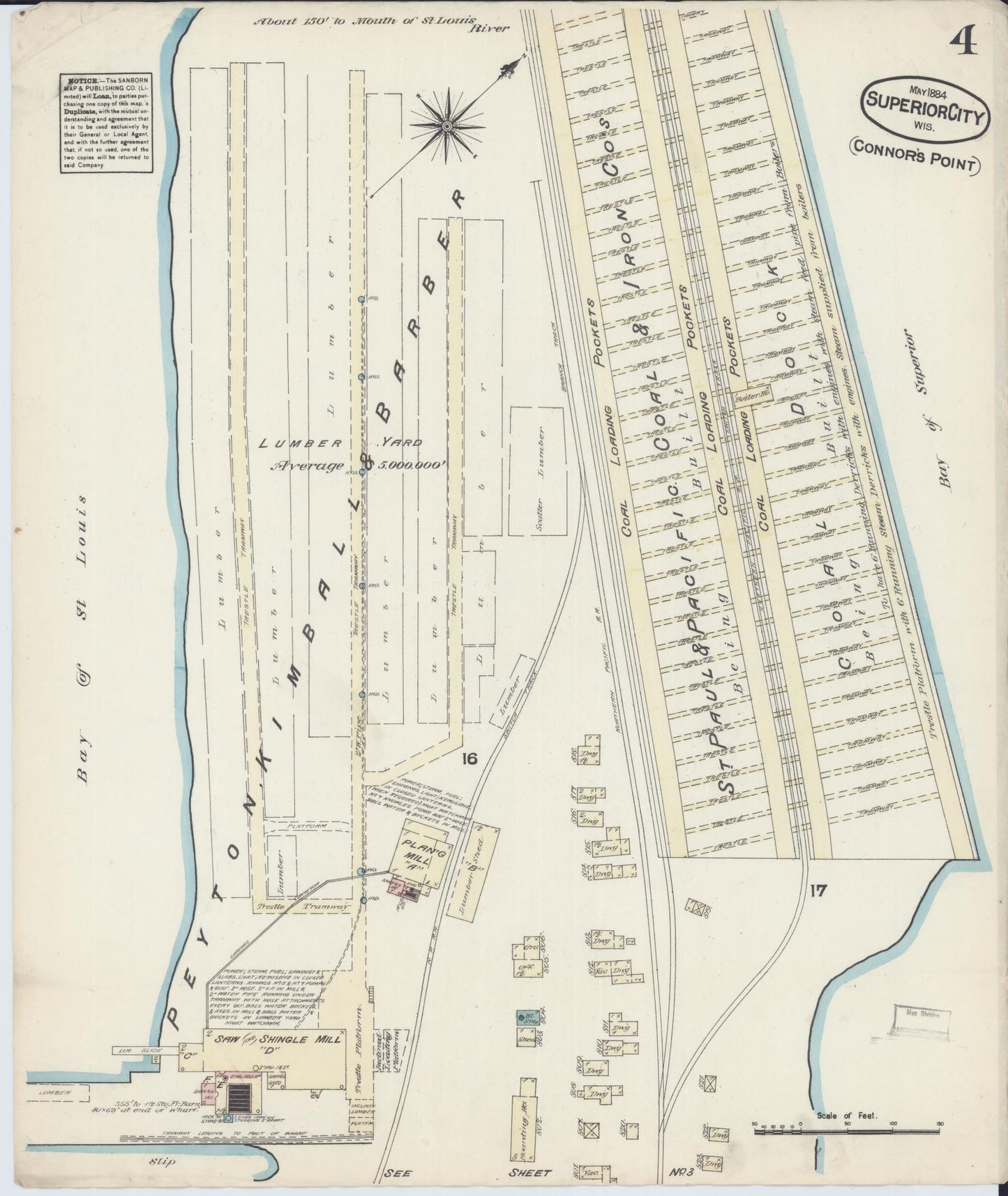Sanborn Fire Insurance Map from Superior, Douglas County, Wisconsin (1884), Sheet #0004 - Historic Sanborn Fire Insurance Map Print, vintage old map wall art, antique decor, genealogy gift, Wisconsin Wisconsin map