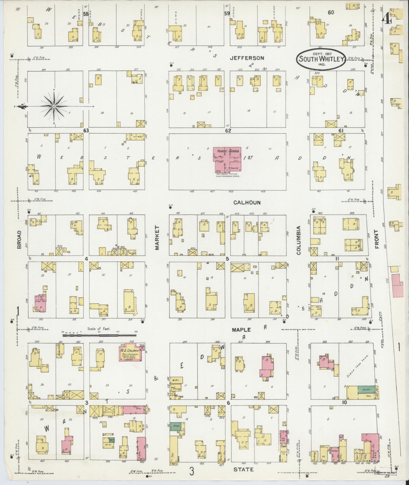 Sanborn Fire Insurance Map from South Whitley, Whitley County, Indiana (1907), Sheet #0004 - Complete Map Set gallery image, historic Sanborn map, vintage wall art, Indiana Indiana