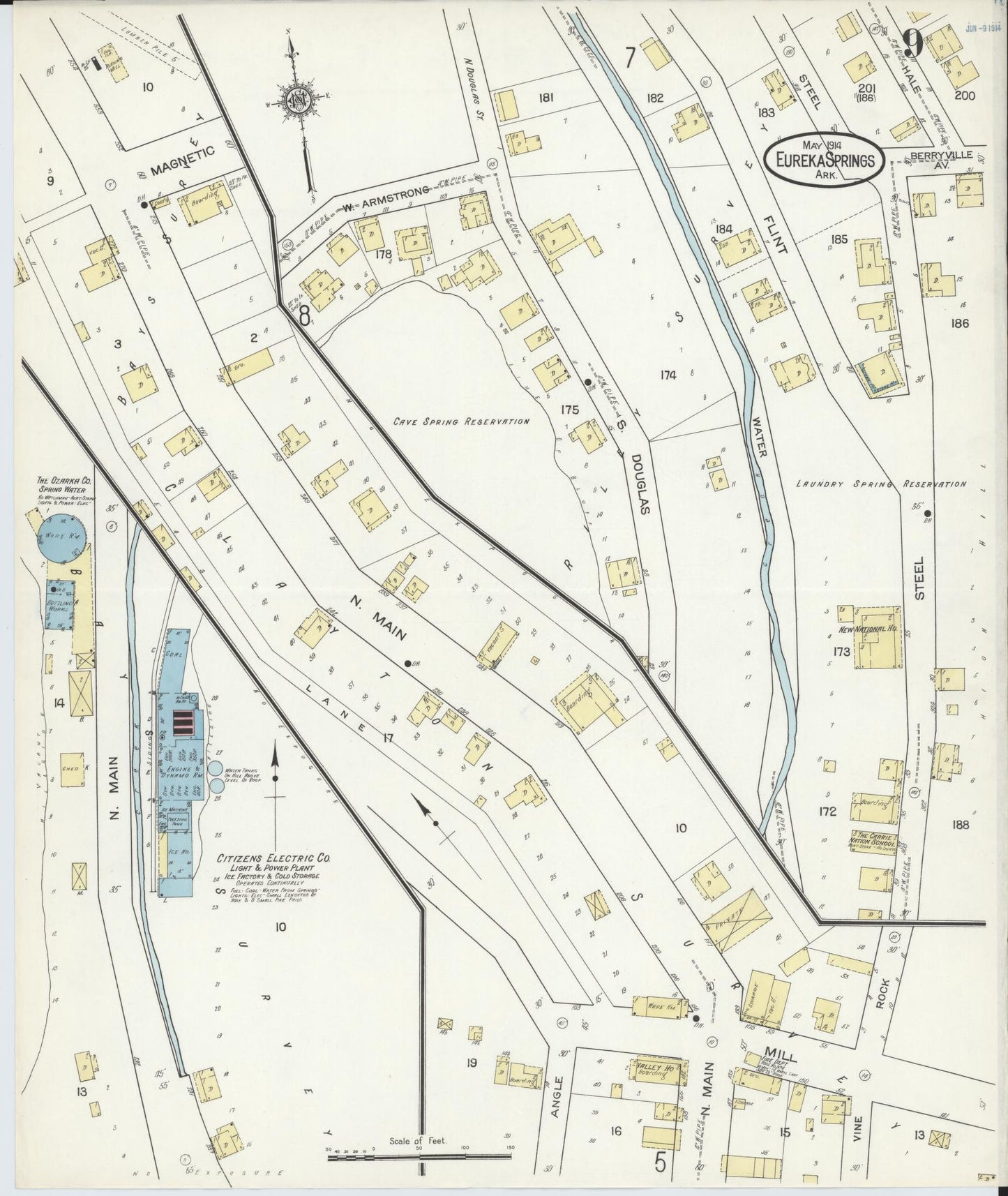 Sanborn Fire Insurance Map from Eureka Springs, Carroll County, Arkansas (1914), Sheet #0009 - Historic Sanborn Fire Insurance Map Print, vintage old map wall art, antique decor, genealogy gift, Arkansas Arkansas map
