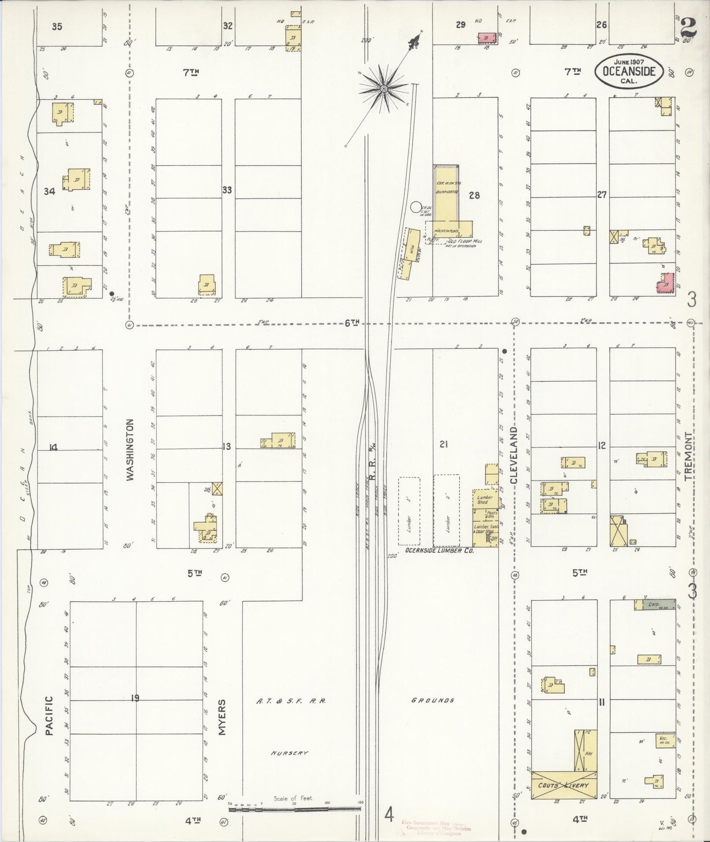 Sanborn Fire Insurance Map from Oceanside, San Diego County, California (1907), Sheet #0002 - Complete Map Set gallery image, historic Sanborn map, vintage wall art, California California