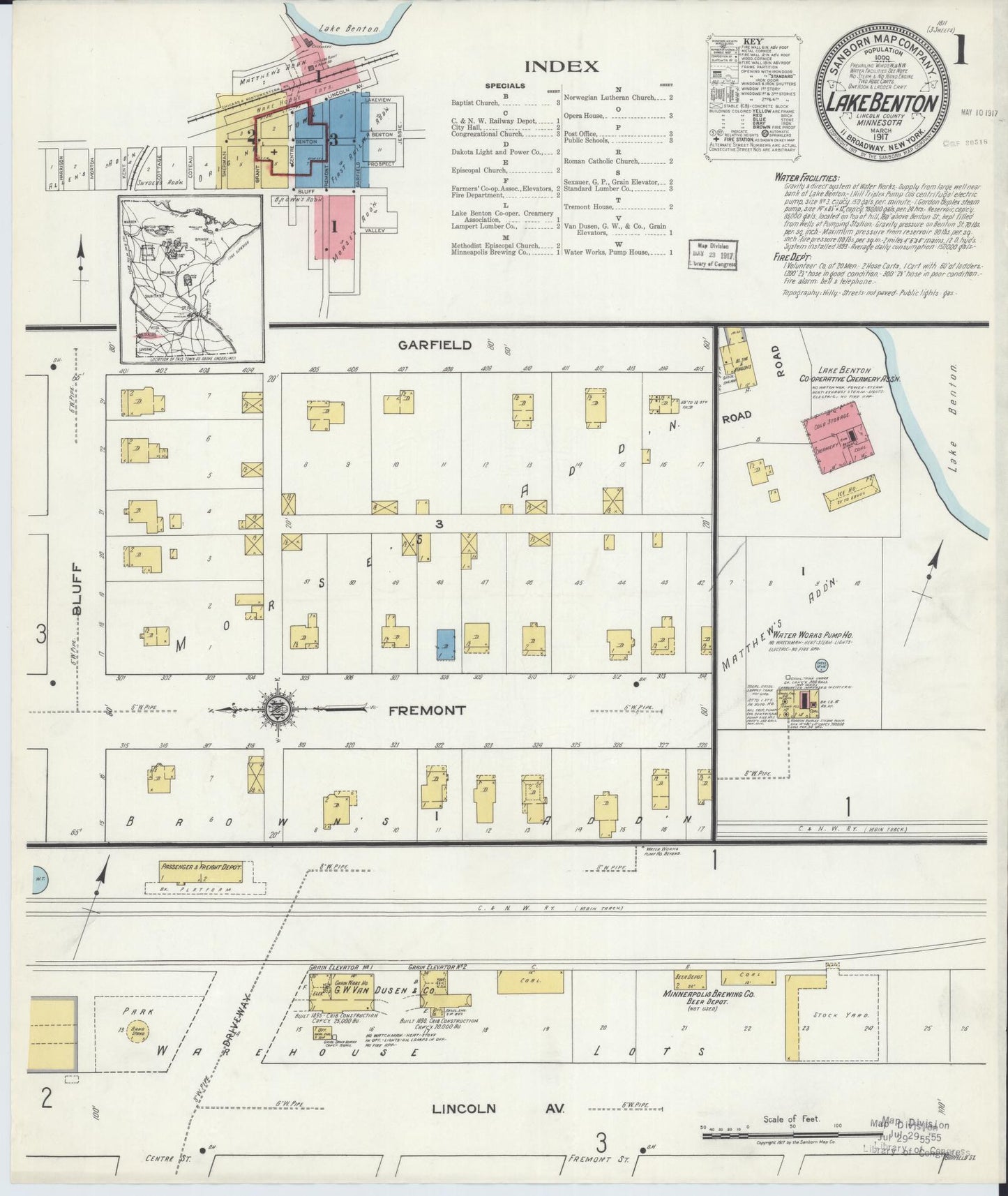 Sanborn Fire Insurance Map from Lake Benton, Lincoln County, Minnesota (1917), Sheet #0001 - Historic Sanborn Fire Insurance Map Print, vintage old map wall art, antique decor, genealogy gift, Minnesota Minnesota map