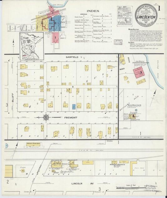 Sanborn Fire Insurance Map from Lake Benton, Lincoln County, Minnesota (1917), Sheet #0001 - Historic Sanborn Fire Insurance Map Print, vintage old map wall art, antique decor, genealogy gift, Minnesota Minnesota map