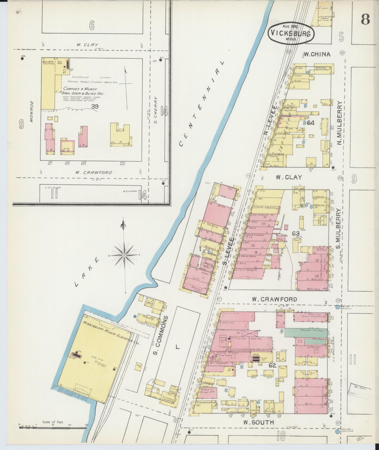 Sanborn Fire Insurance Map from Vicksburg, Warren County, Mississippi (1892), Sheet #0008 - Historic Sanborn Fire Insurance Map Print, vintage old map wall art, antique decor, genealogy gift, Mississippi Mississippi map