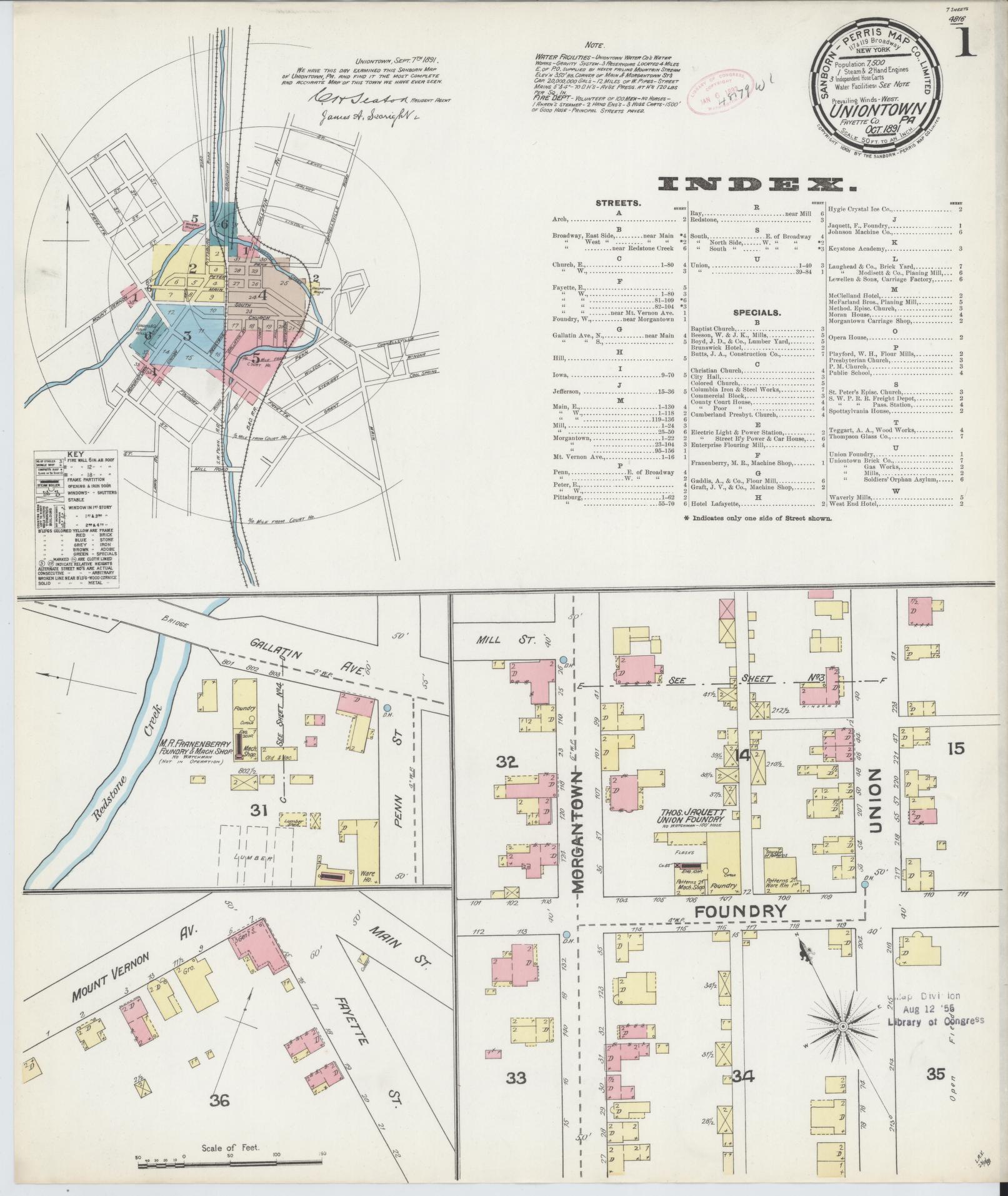 Sanborn Fire Insurance Map from Uniontown, Fayette County, Pennsylvania (1891), Sheet #0001 - Complete Map Set gallery image, historic Sanborn map, vintage wall art, Pennsylvania Pennsylvania