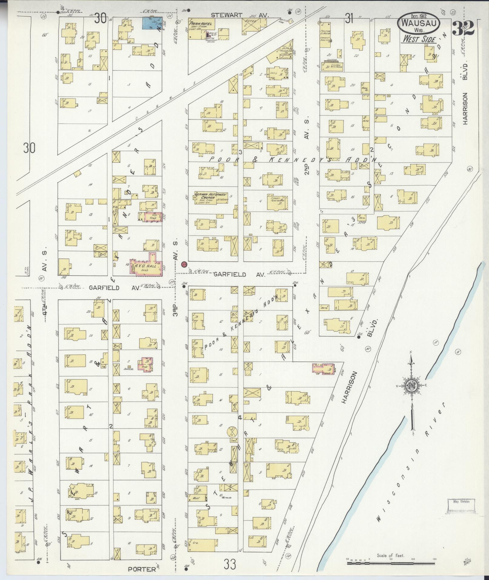 Sanborn Fire Insurance Map from Wausau, Marathon County, Wisconsin (1912), Sheet #0032 - Historic Sanborn Fire Insurance Map Print, vintage old map wall art, antique decor, genealogy gift, Wisconsin Wisconsin map