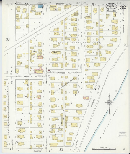 Sanborn Fire Insurance Map from Wausau, Marathon County, Wisconsin (1912), Sheet #0032 - Historic Sanborn Fire Insurance Map Print, vintage old map wall art, antique decor, genealogy gift, Wisconsin Wisconsin map