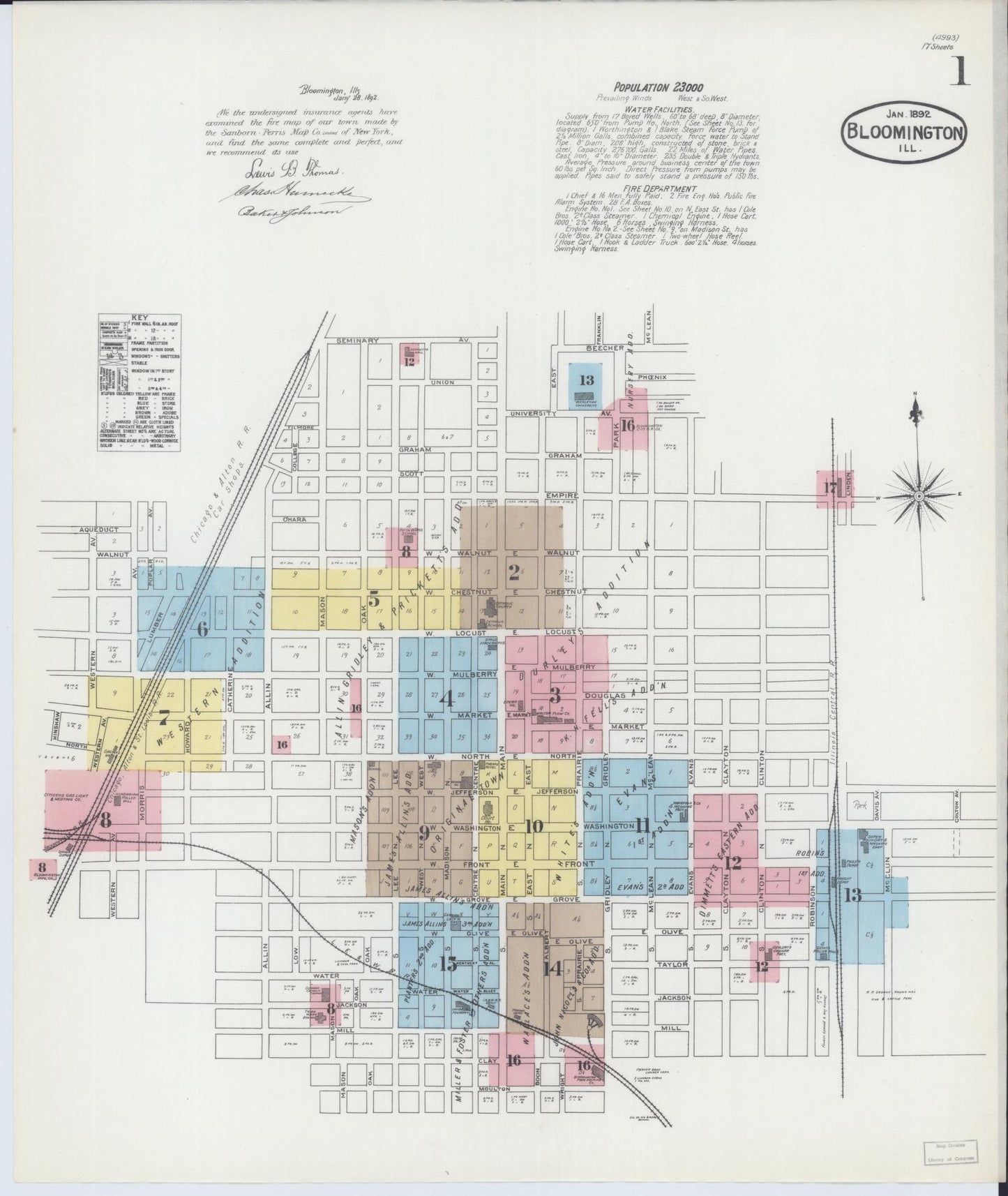 Sanborn Fire Insurance Map from Bloomington, McLean County, Illinois (1892), Sheet #0001 - Complete Map Set gallery image, historic Sanborn map, vintage wall art, Illinois Illinois