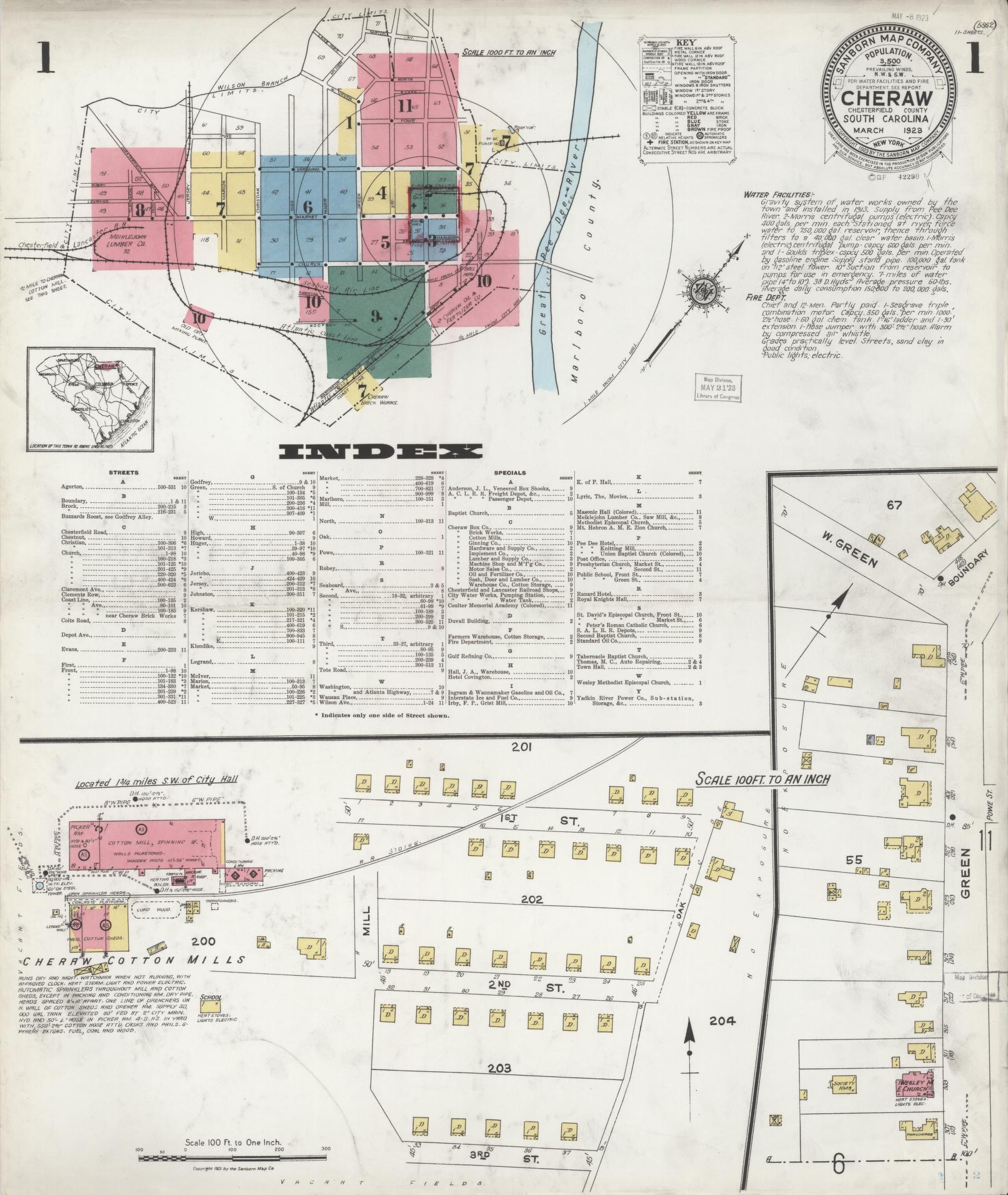 Sanborn Fire Insurance Map from Cheraw, Chesterfield County, South Carolina (1923), Sheet #0001 - Historic Sanborn Fire Insurance Map Print, vintage old map wall art, antique decor, genealogy gift, South Carolina South Carolina map