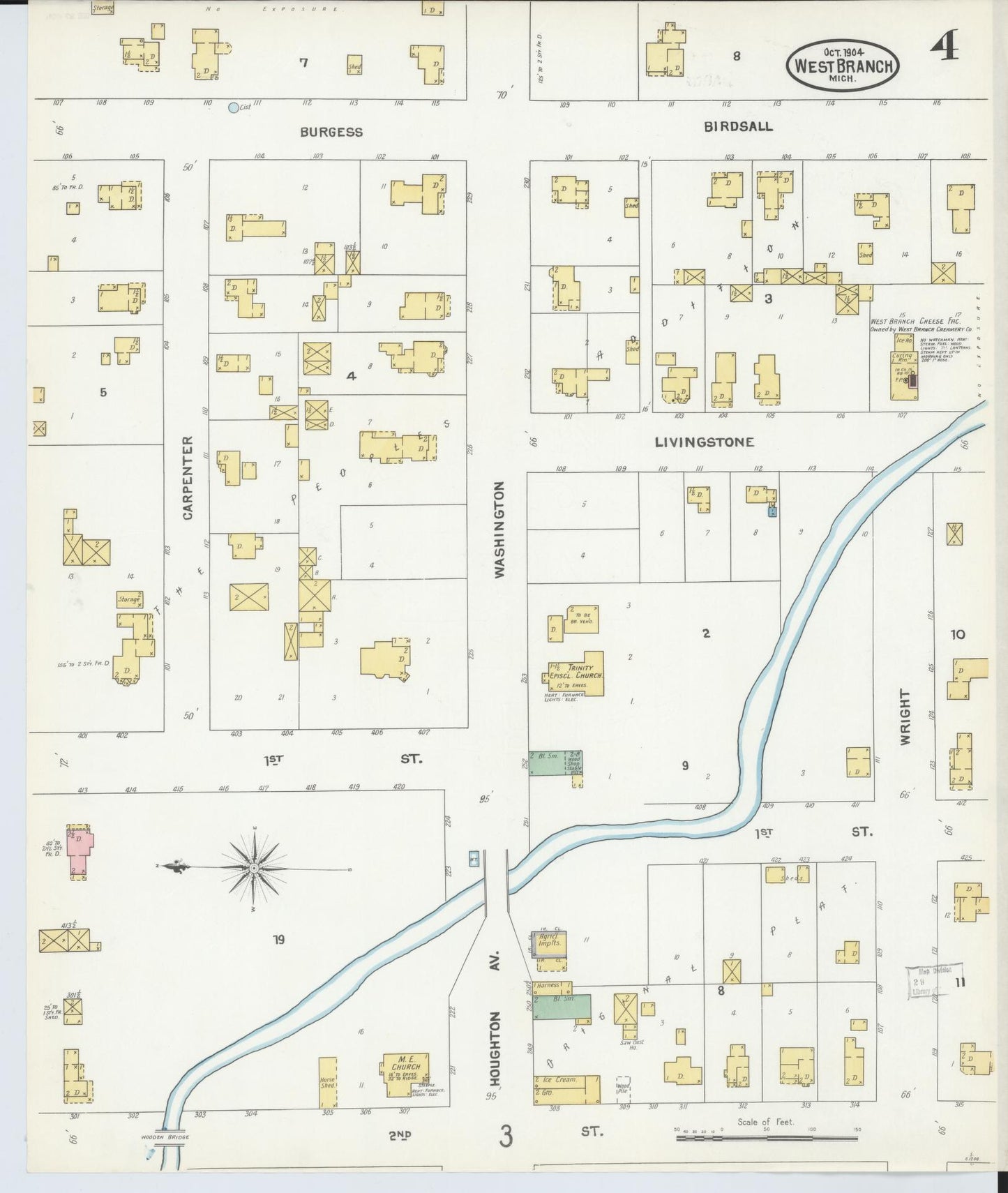 Sanborn Fire Insurance Map from West Branch, Ogemaw County, Michigan (1904), Sheet #0004 - Historic Sanborn Fire Insurance Map Print, vintage old map wall art, antique decor, genealogy gift, Michigan Michigan map