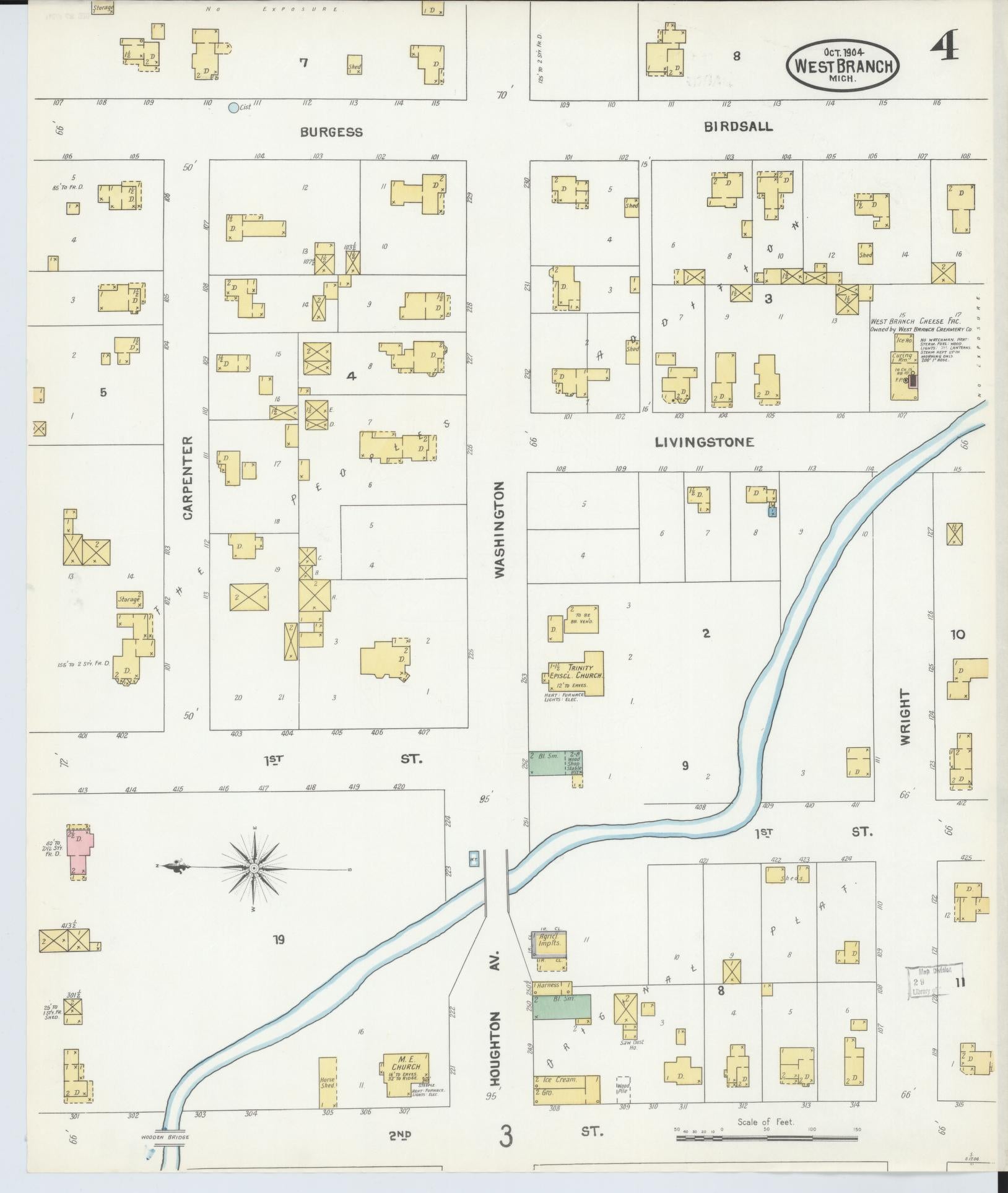 Sanborn Fire Insurance Map from West Branch, Ogemaw County, Michigan (1904), Sheet #0004 - Historic Sanborn Fire Insurance Map Print, vintage old map wall art, antique decor, genealogy gift, Michigan Michigan map