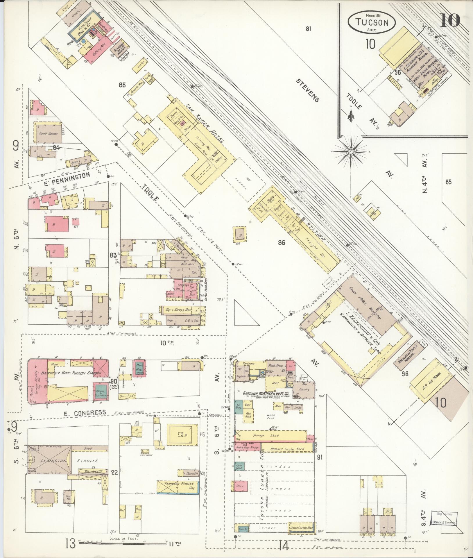 Sanborn Fire Insurance Map from Tucson, Pima County, Arizona (1901), Sheet #0010 - Historic Sanborn Fire Insurance Map Print, vintage old map wall art, antique decor, genealogy gift, Arizona Arizona map