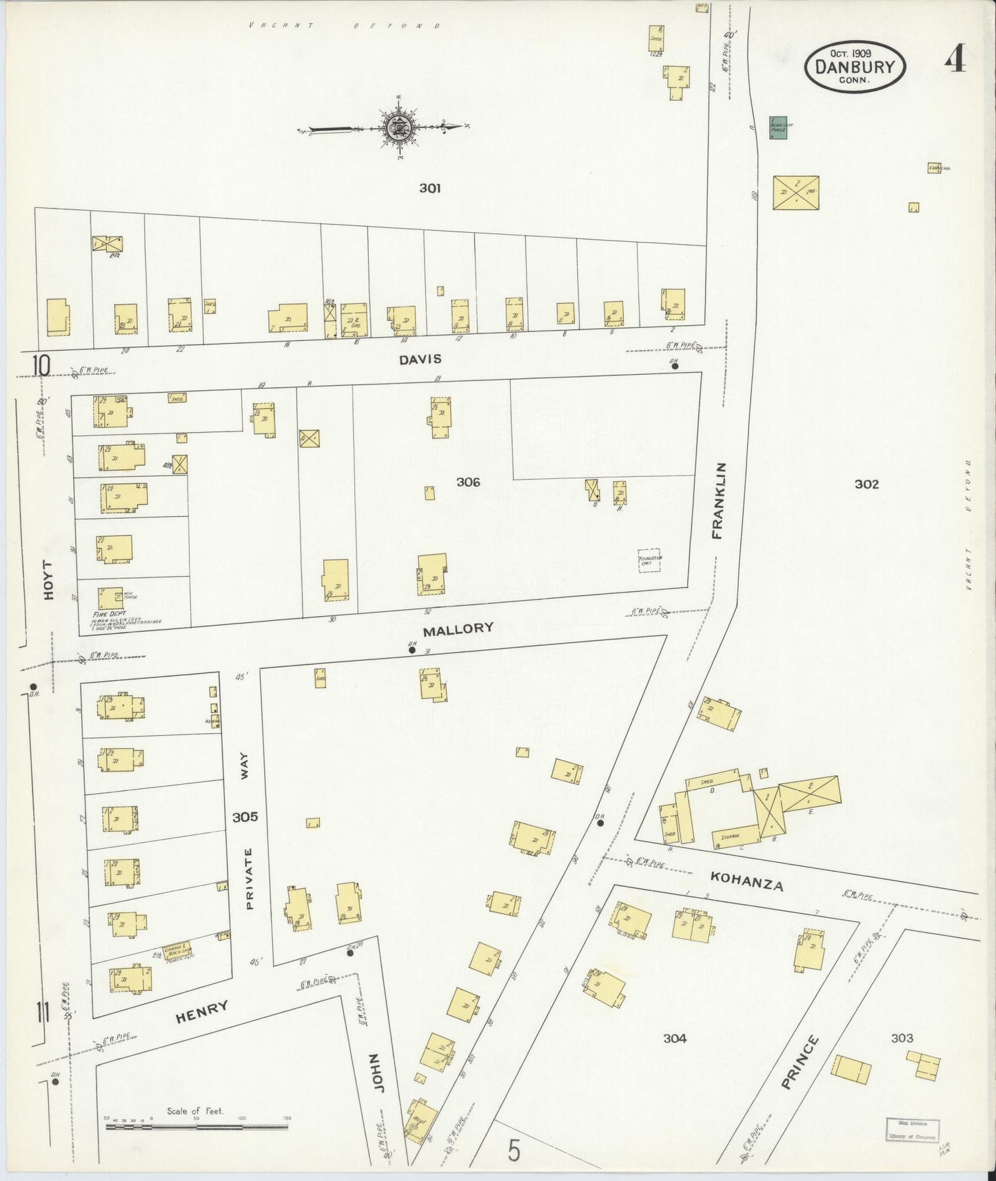 Sanborn Fire Insurance Map from Danbury, Fairfield County, Connecticut (1909), Sheet #0004 - Complete Map Set gallery image, historic Sanborn map, vintage wall art, Connecticut Connecticut
