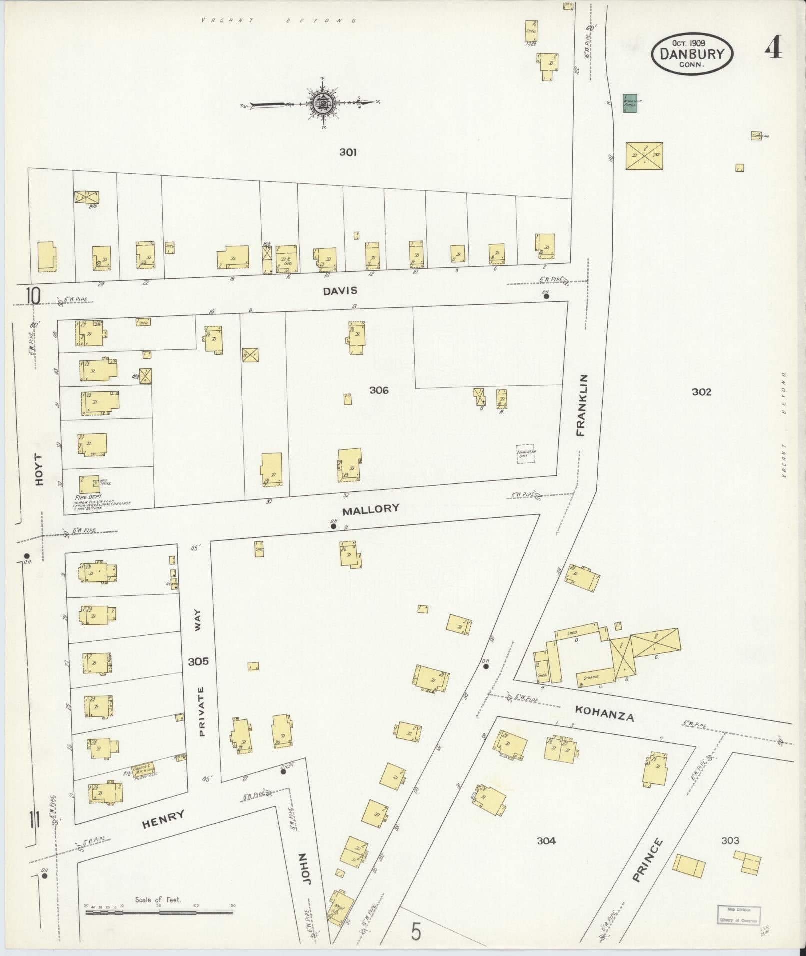Sanborn Fire Insurance Map from Danbury, Fairfield County, Connecticut (1909), Sheet #0004 - Complete Map Set gallery image, historic Sanborn map, vintage wall art, Connecticut Connecticut