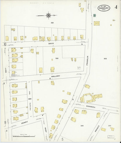 Sanborn Fire Insurance Map from Danbury, Fairfield County, Connecticut (1909), Sheet #0004 - Complete Map Set gallery image, historic Sanborn map, vintage wall art, Connecticut Connecticut