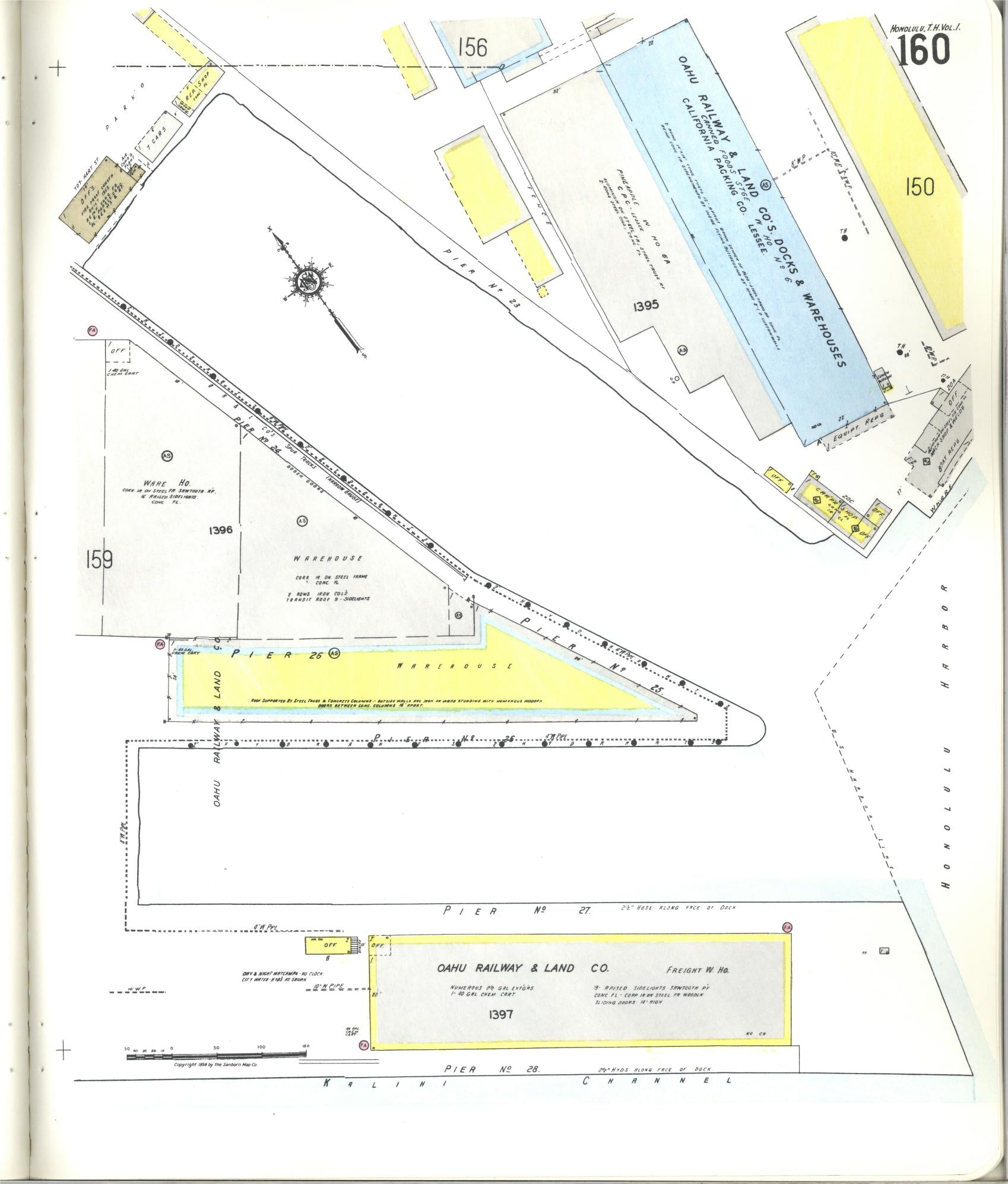 Sanborn Fire Insurance Map from Honolulu, Oahu County, Hawaii (1955), Sheet #0160 - Historic Sanborn Fire Insurance Map Print, vintage old map wall art