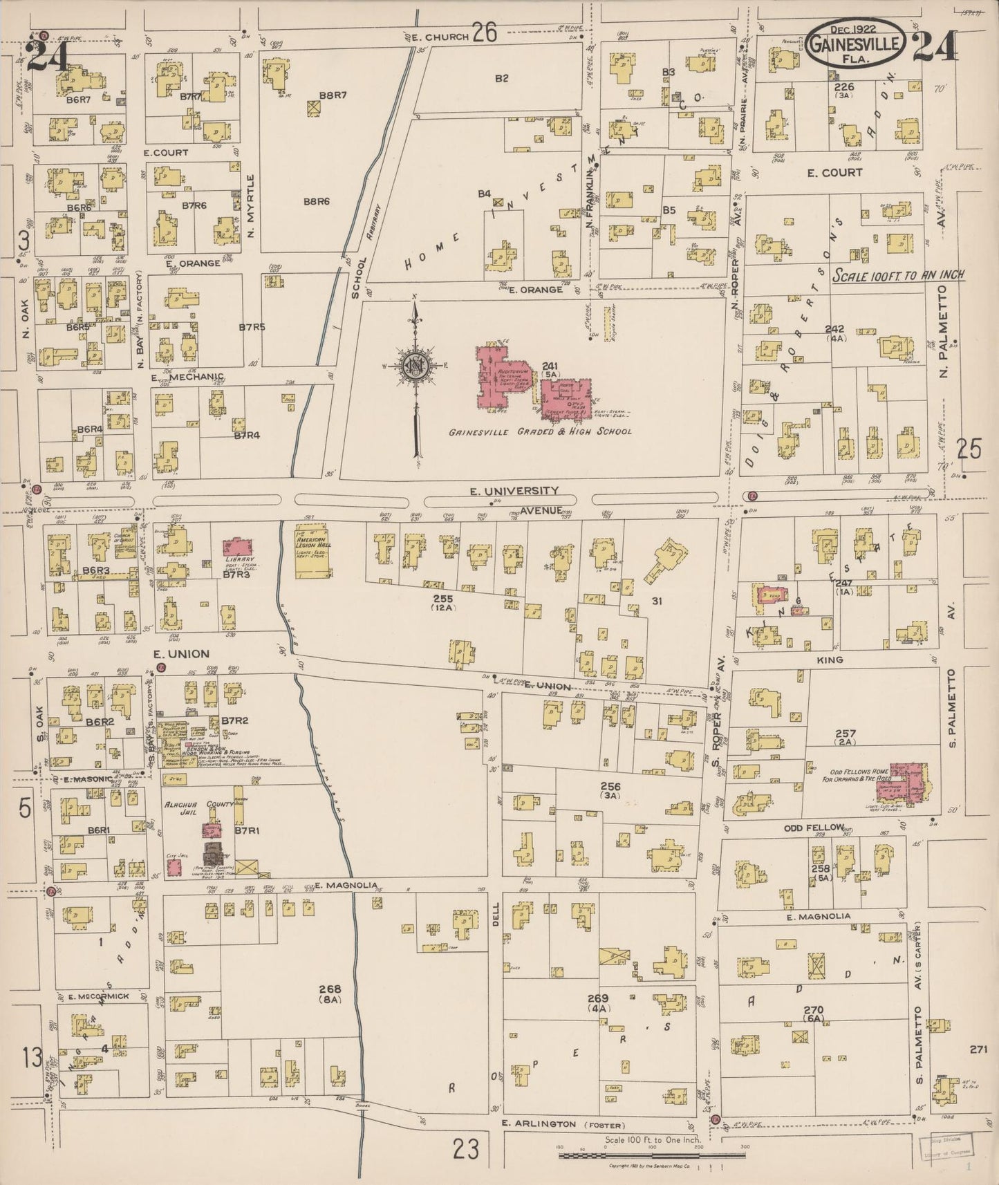 Sanborn Fire Insurance Map from Gainesville, Alachua County, Florida (1922), Sheet #0024 - Historic Sanborn Fire Insurance Map Print, vintage old map wall art, antique decor, genealogy gift, Florida Florida map