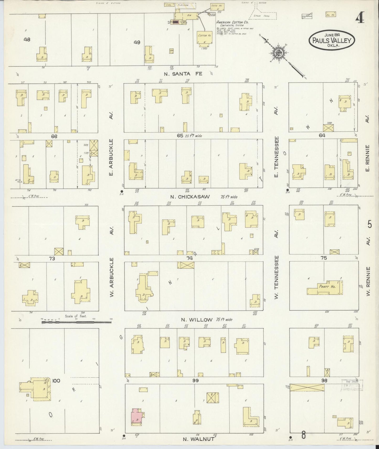 Sanborn Fire Insurance Map from Pauls Valley, Garvin County, Oklahoma (1914), Sheet #0004 - Complete Map Set gallery image, historic Sanborn map, vintage wall art, Oklahoma Oklahoma